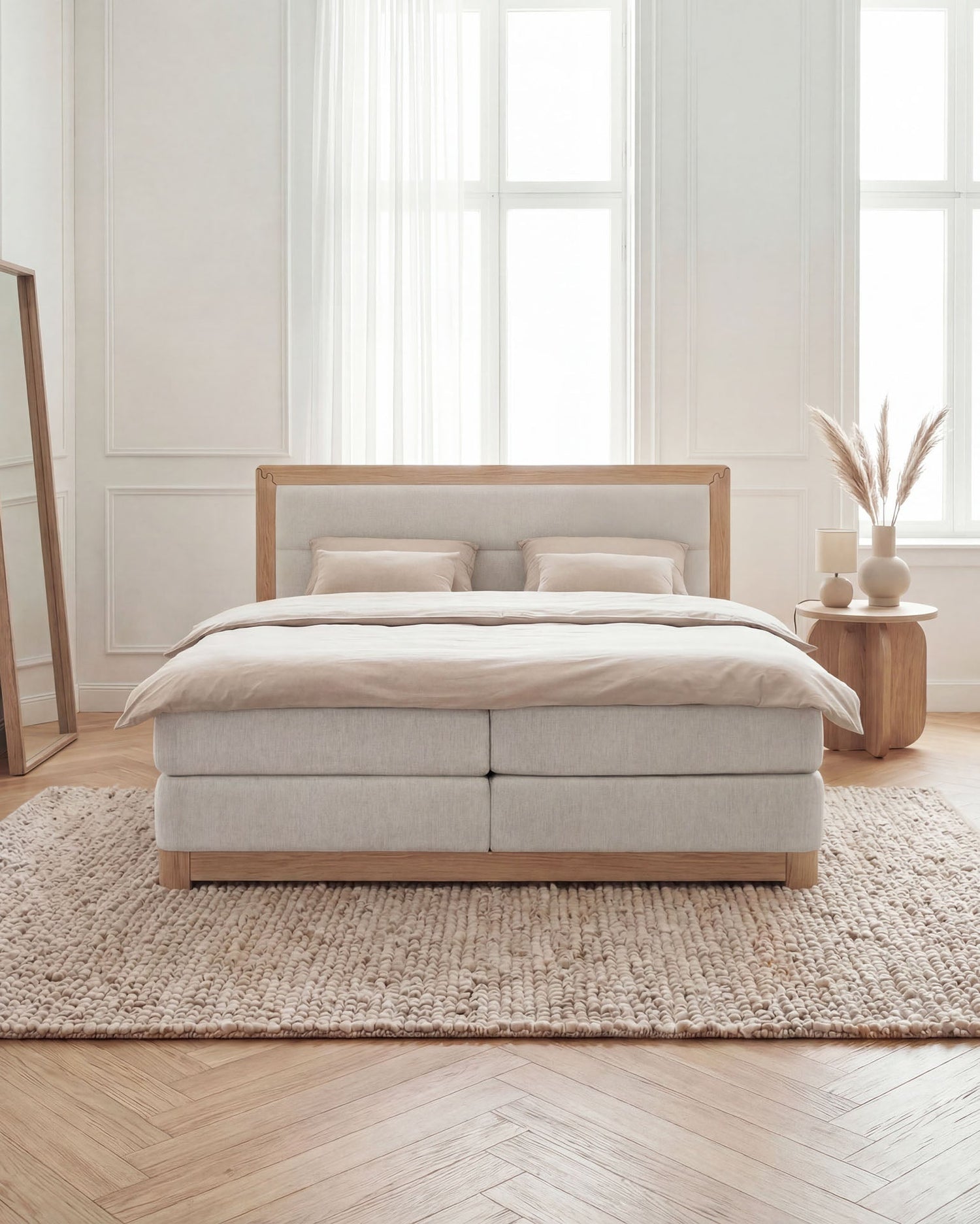 Helles Schlafzimmer mit beigem Polsterbett, Holzrahmen, großen Fenstern und minimalistischem Design