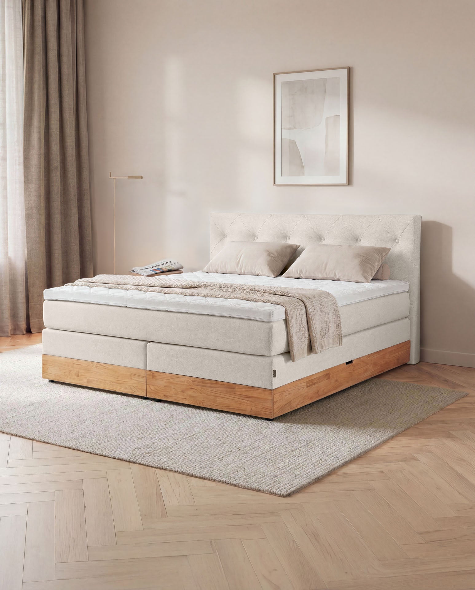 [SKU:3ABI16BEIBKE,3ABI18BEIBKE,3ABI20BEIBKE] Boxspringbett 160x200 180x200 200x200 Beige Bett Bettkasten Eiche Holz Polsterbett Doppelbett Stauraumbett Bett mit Holzrahmen Schlafzimmer