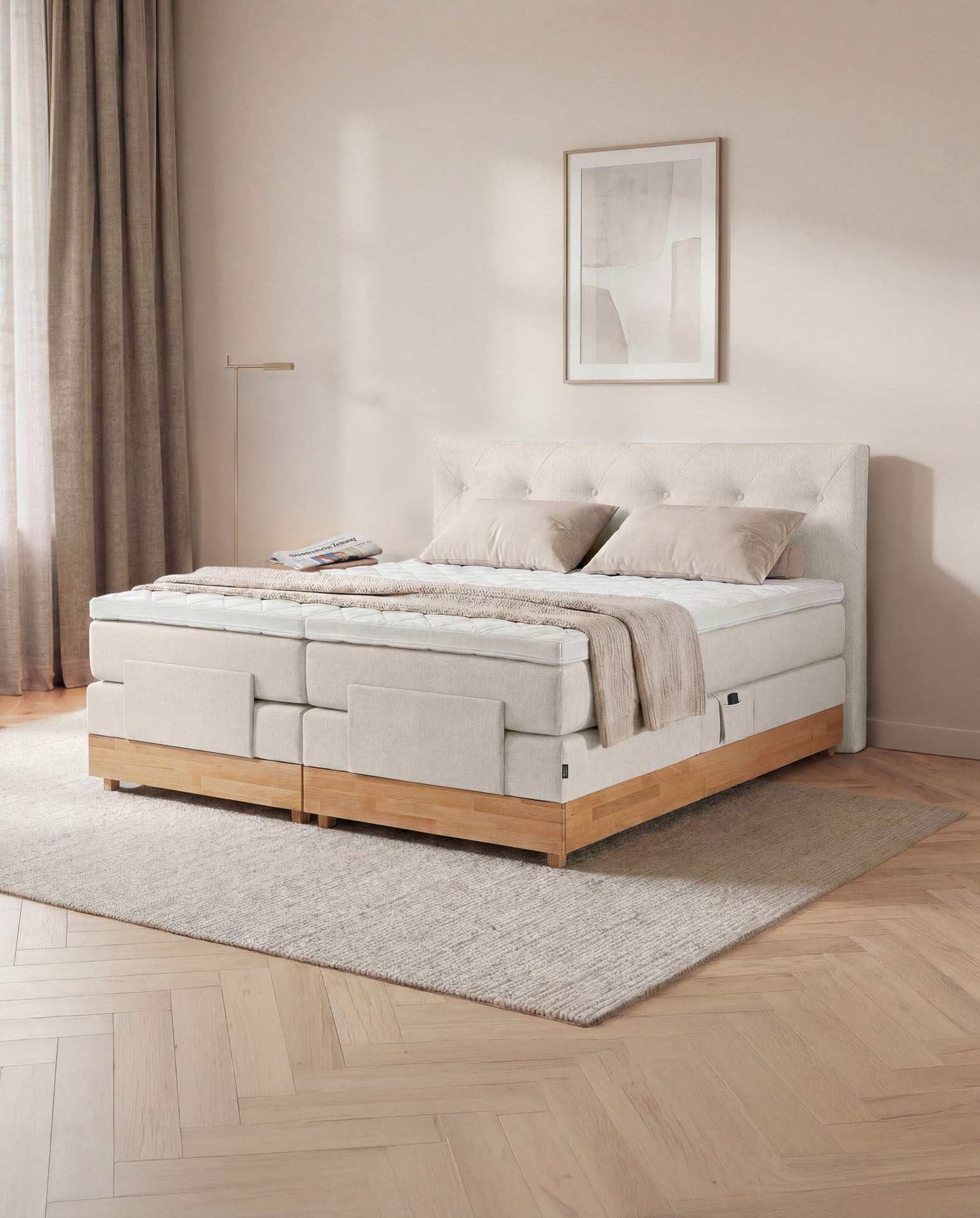 [SKU:3ABI16BEIEVE,3ABI18BEIEVE,3ABI20BEIEVE] Boxspringbett 160x200 180x200 200x200 Beige Bett elektrisch verstellbar Eiche Holz Motorbett Bett mit Motor Polsterbett Doppelbett Bett verstellbar Schlafzimmer