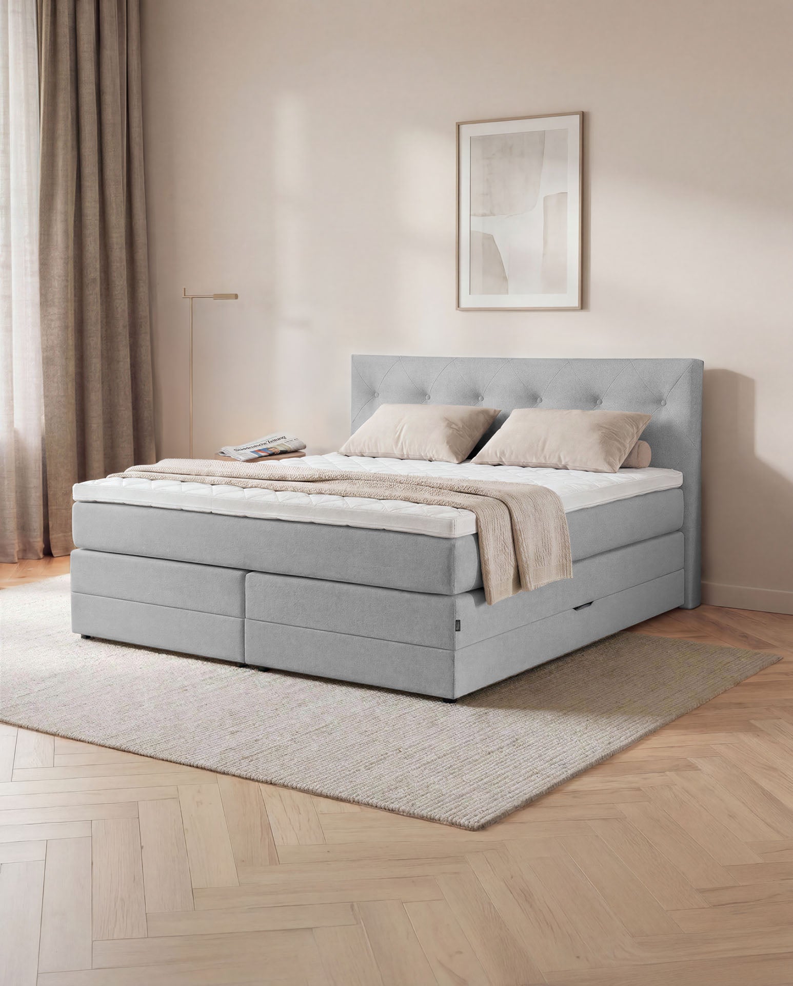 [SKU:3ABI16HGRBK,3ABI18HGRBK,3ABI20HGRBK] Boxspringbett 160x200 180x200 200x200 Hellgrau Bett Bettkasten Polsterbett Doppelbett Stauraumbett Bett mit Stauraum Schlafzimmer