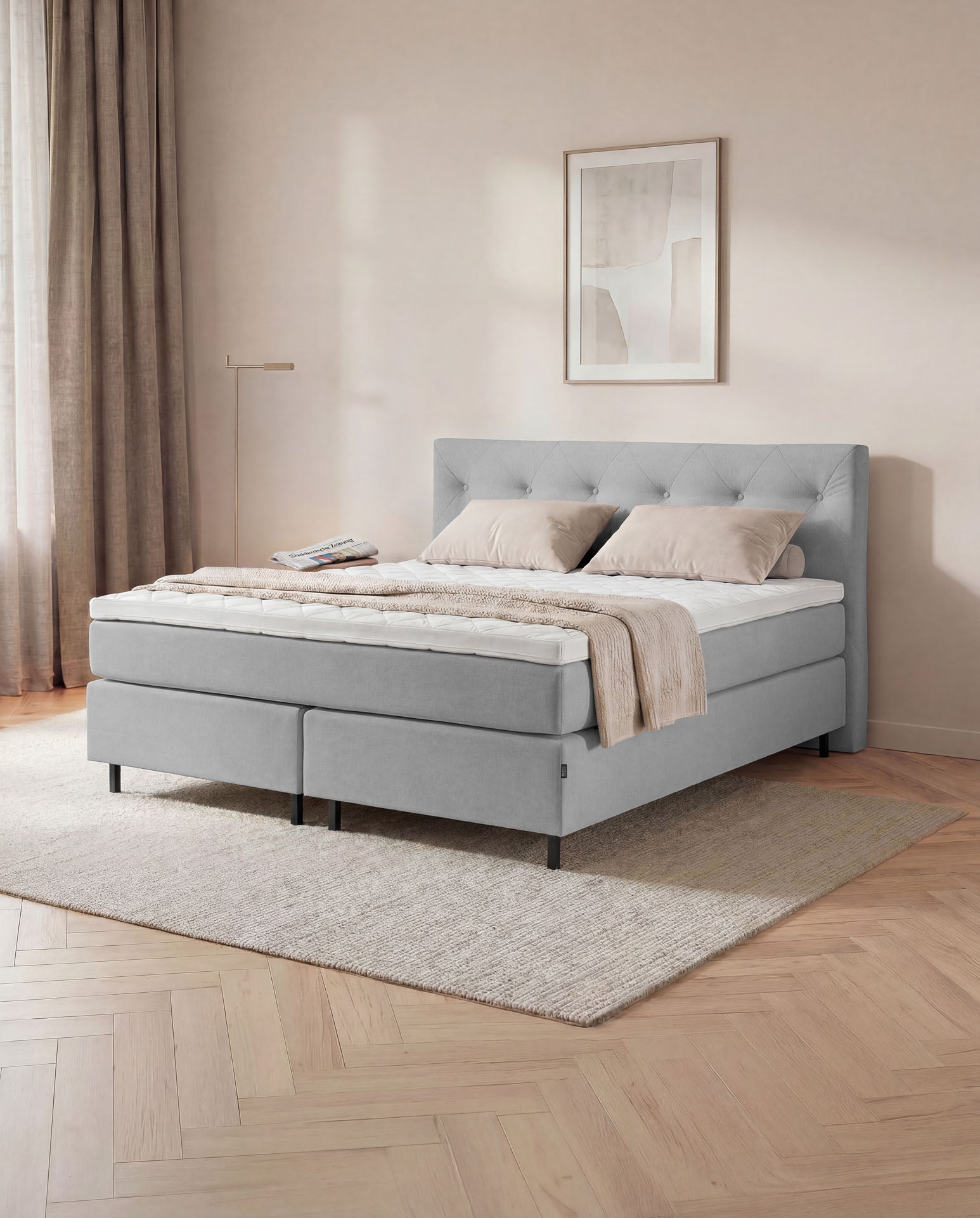[SKU:3ABI16HGRNB,3ABI18HGRNB,3ABI20HGRNB] Boxspringbett 160x200 180x200 200x200 Hellgrau Bett Polsterbett Doppelbett Boxspring Bett grau Schlafzimmer