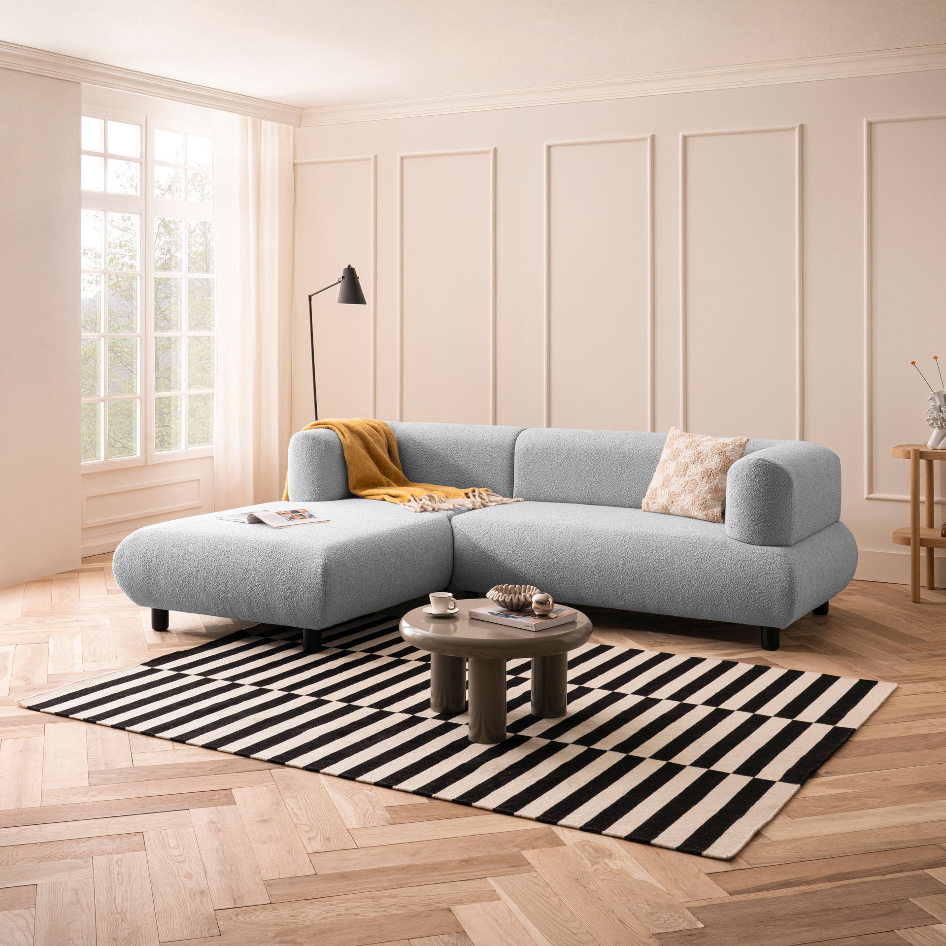 [SKU:1MODUL132HGROS] Sofa 3-Sitzer Ecksofa Hellgrau Polstersofa Couch L-Form Ottomane links Wohnlandschaft Designsofa