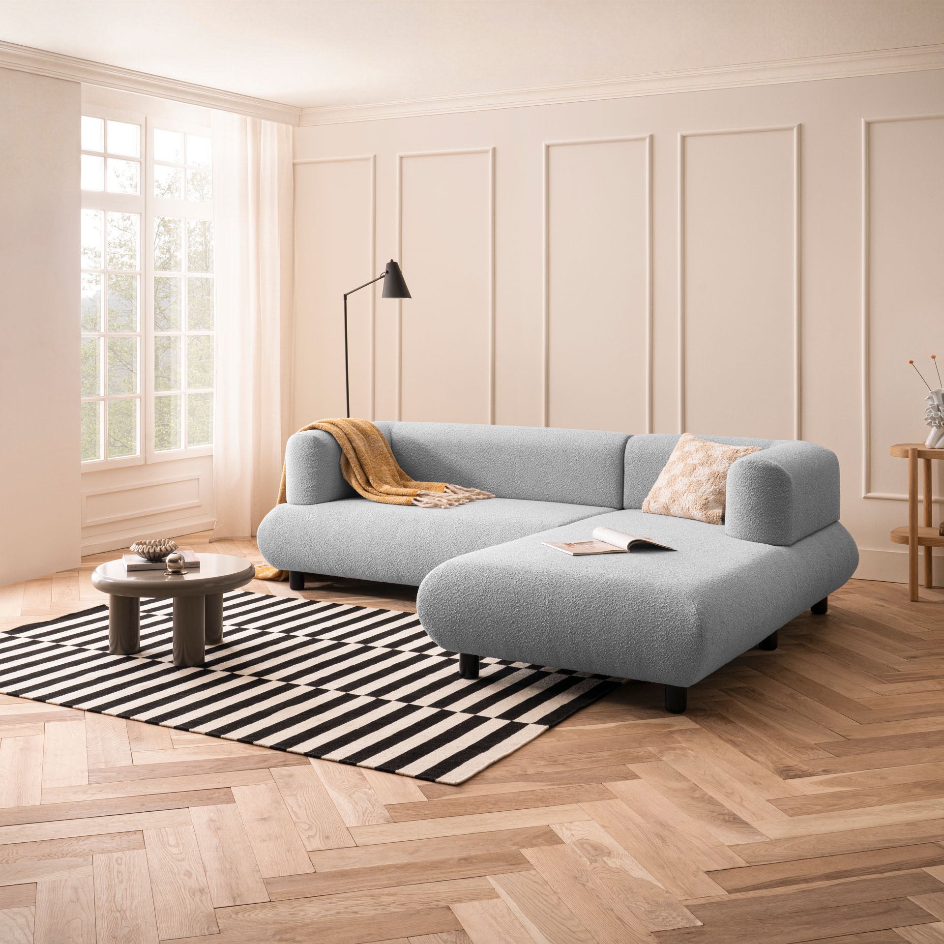 [SKU:1MODUL131HGROS] Sofa 3-Sitzer Ecksofa Hellgrau Polstersofa Couch L-Form Ottomane rechts Wohnlandschaft Designsofa