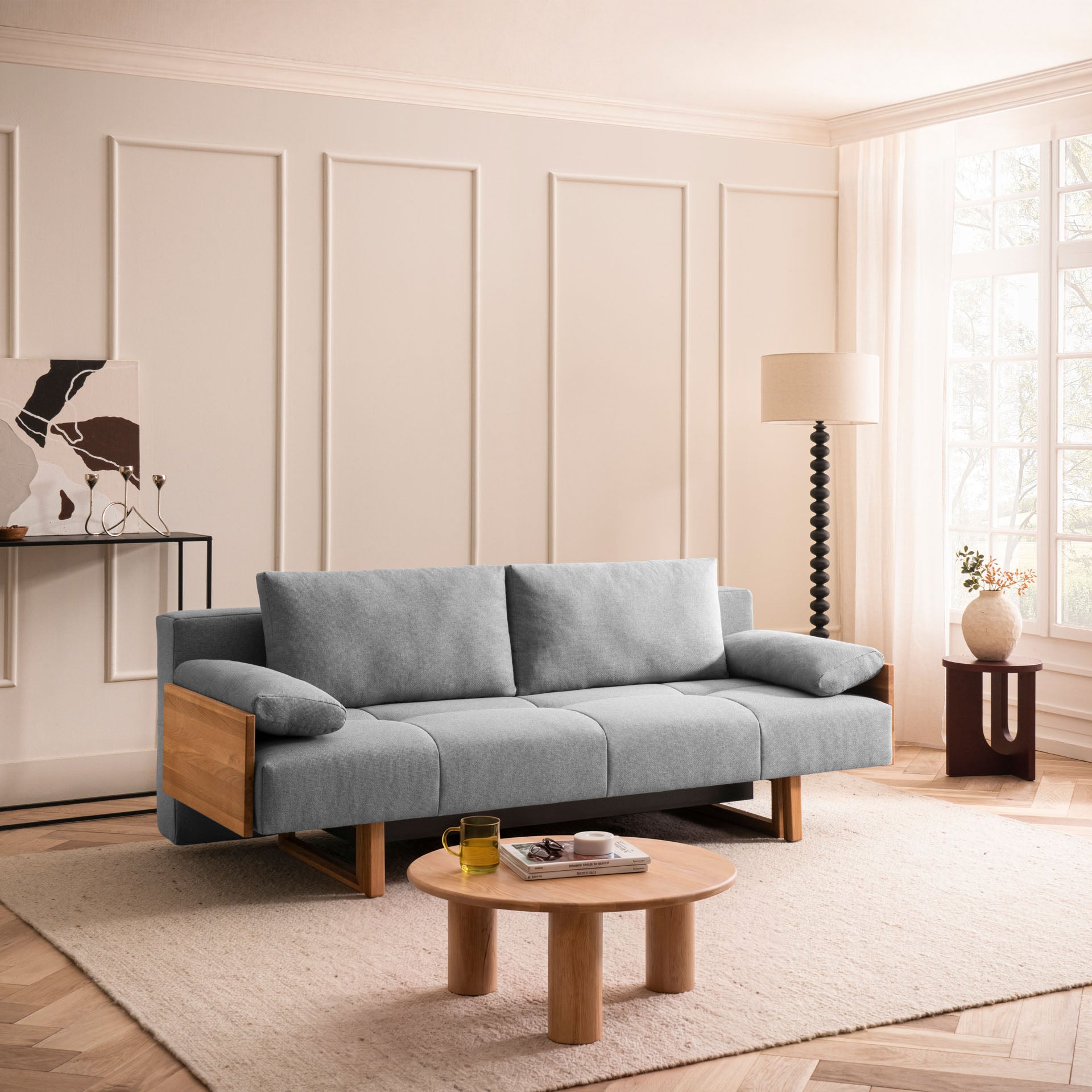 [SKU:1TAMINO203HGRSB] Schlafsofa Hellgrau Holzfüße Sofa mit Schlaffunktion Schlafcouch Bettkasten Schlafsofa mit Bettkasten