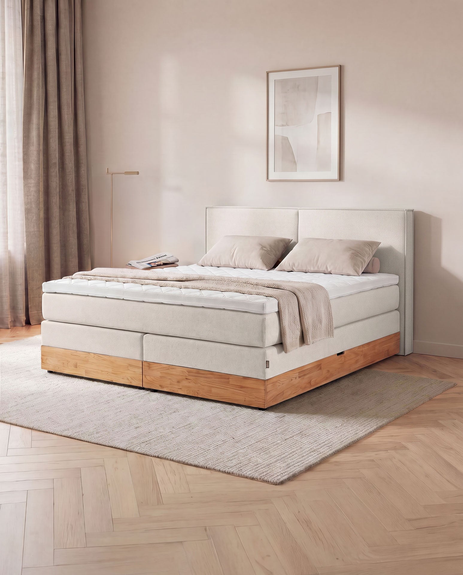 Boxspringbett mit Bettkasten Eiche 160x200 180x200 200x200 Beige Bett Stauraum Holzrahmen Polsterbett Doppelbett