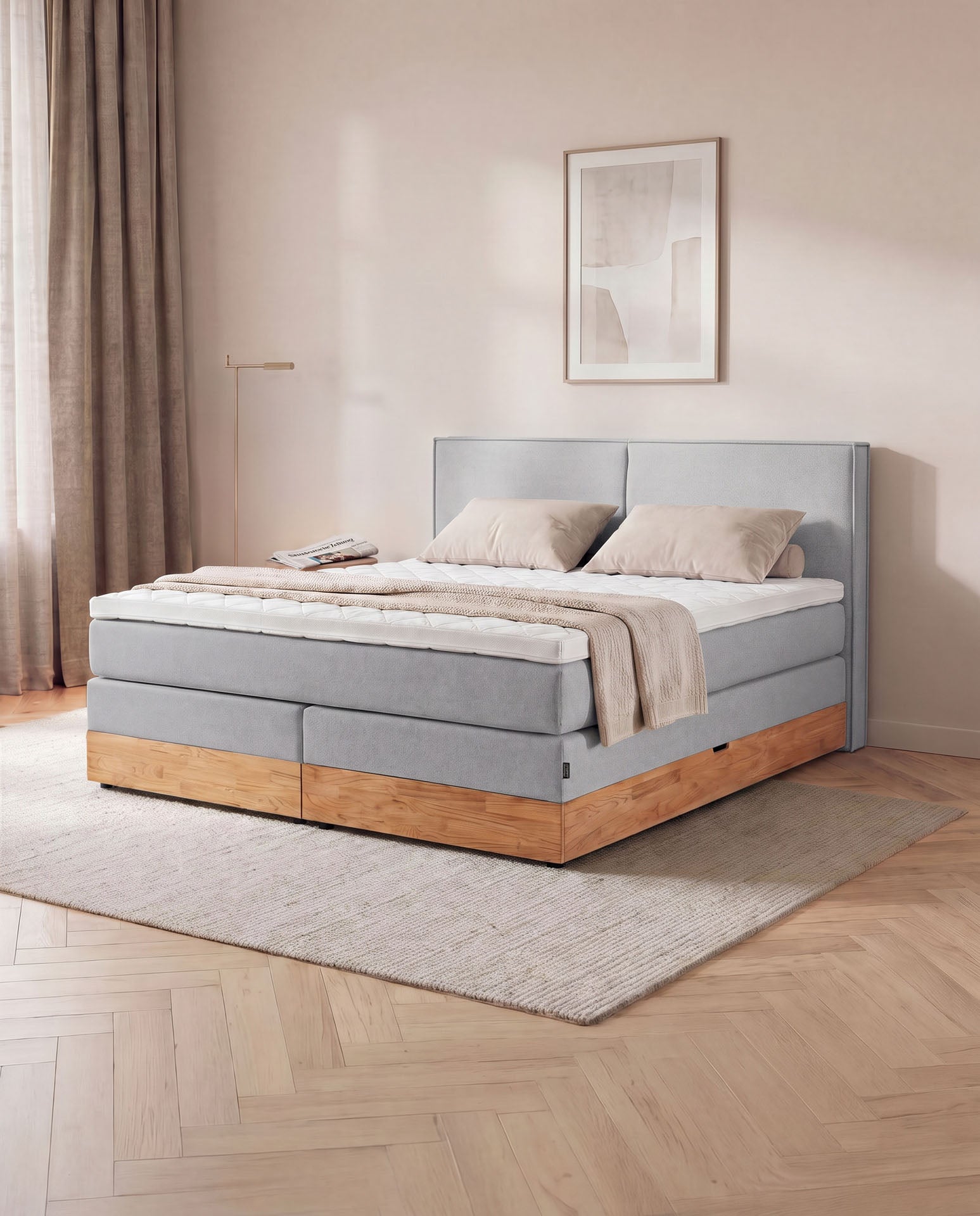 Boxspringbett mit Bettkasten Eiche 160x200 180x200 200x200 Hellgrau Bett Stauraum Holzrahmen Polsterbett Doppelbett