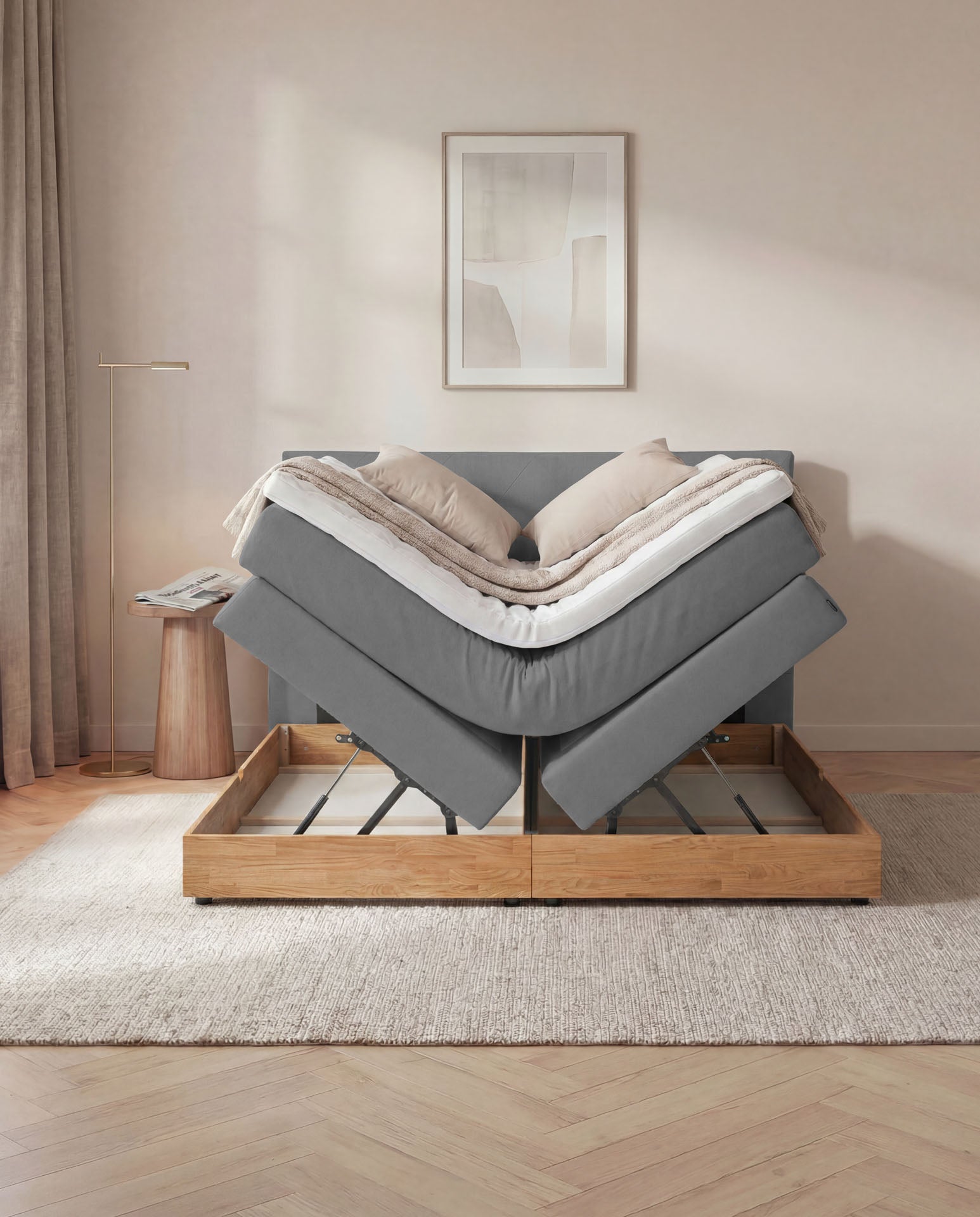 [SKU:3ABI16ANTBKE,3ABI18ANTBKE,3ABI20ANTBKE] Boxspringbett 160x200 180x200 200x200 Anthrazit Bett Bettkasten Eiche Holz Polsterbett Doppelbett Stauraumbett Bett mit Holzrahmen Schlafzimmer