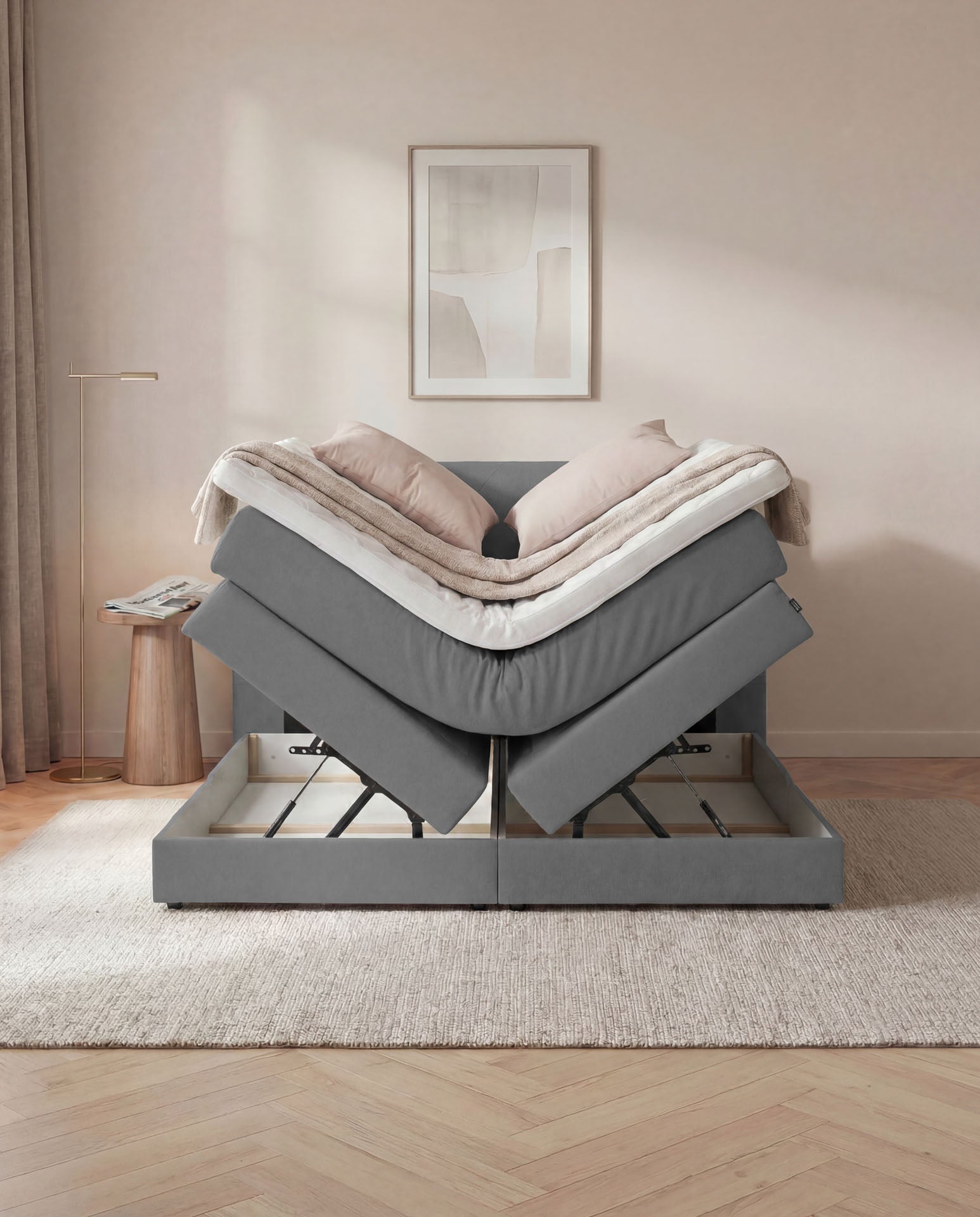[SKU:3ABI16ANTBK,3ABI18ANTBK,3ABI20ANTBK] Boxspringbett 160x200 180x200 200x200 Anthrazit Bett Bettkasten Polsterbett Doppelbett Stauraumbett Bett mit Stauraum Schlafzimmer