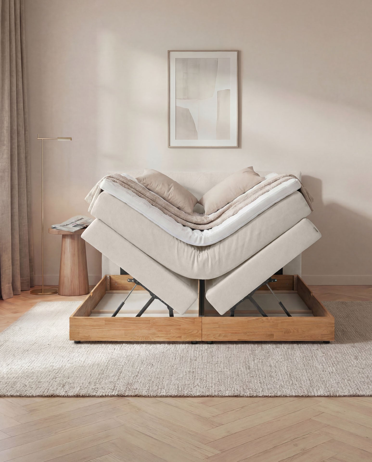 [SKU:3ABI16BEIBKE,3ABI18BEIBKE,3ABI20BEIBKE] Boxspringbett 160x200 180x200 200x200 Beige Bett Bettkasten Eiche Holz Polsterbett Doppelbett Stauraumbett Bett mit Holzrahmen Schlafzimmer