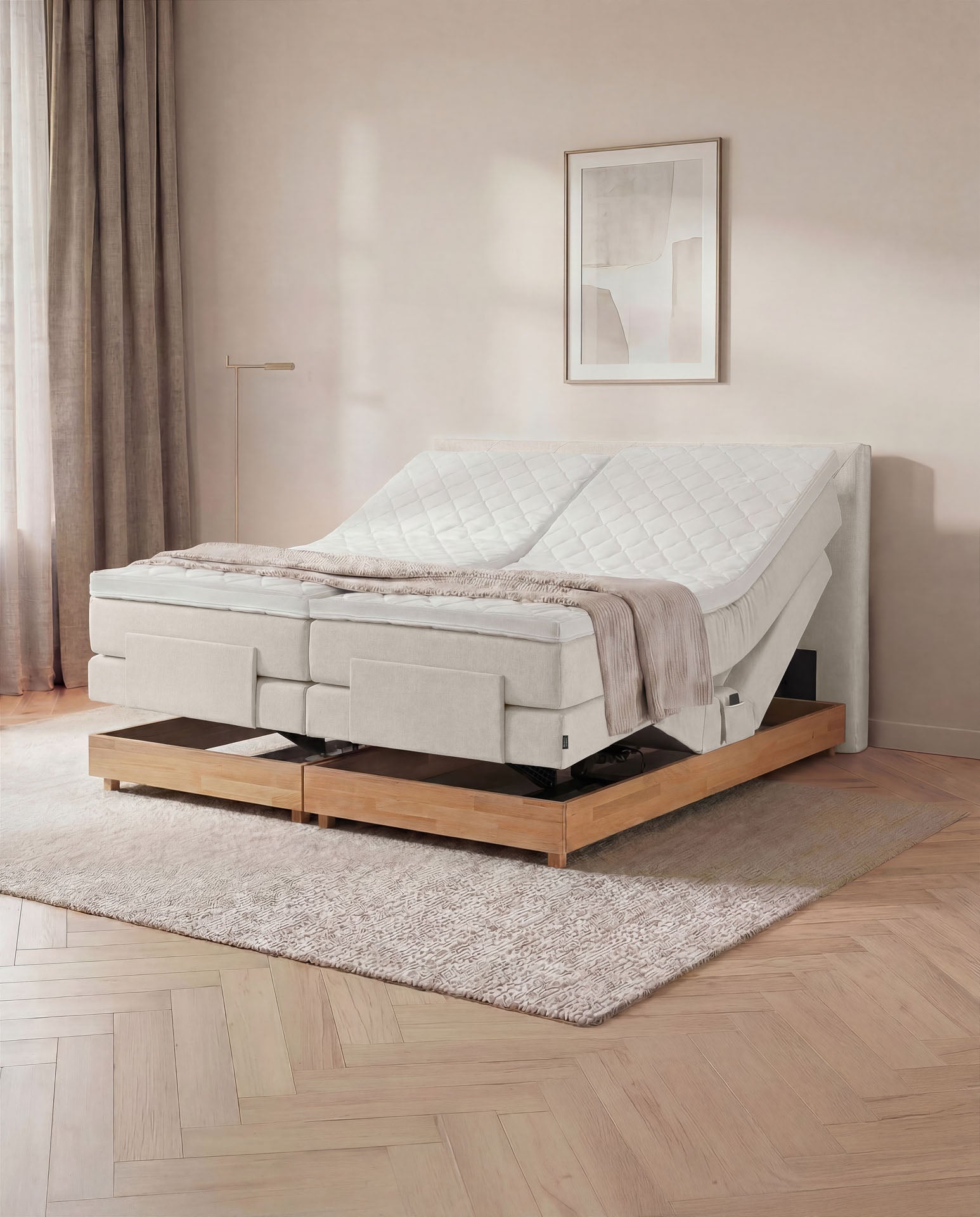 [SKU:3ABI16BEIEVE,3ABI18BEIEVE,3ABI20BEIEVE] Boxspringbett 160x200 180x200 200x200 Beige Bett elektrisch verstellbar Eiche Holz Motorbett Bett mit Motor Polsterbett Doppelbett Bett verstellbar Schlafzimmer
