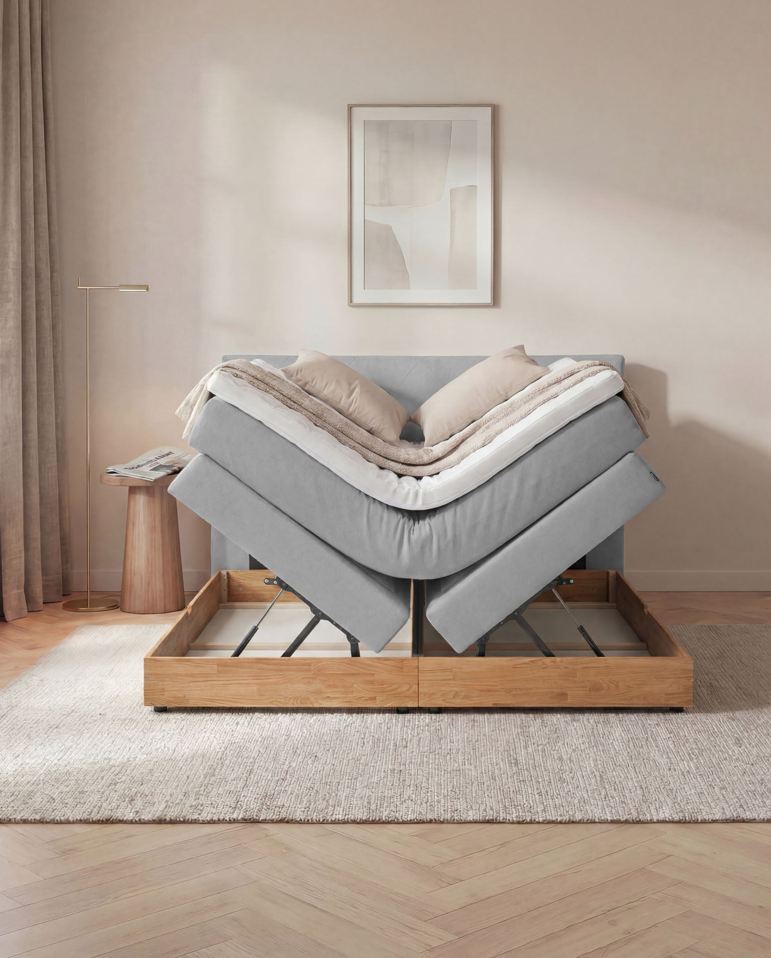 [SKU:3ABI16HGRBKE,3ABI18HGRBKE,3ABI20HGRBKE] Boxspringbett 160x200 180x200 200x200 Hellgrau Bett Bettkasten Eiche Holz Polsterbett Doppelbett Stauraumbett Bett mit Holzrahmen Schlafzimmer