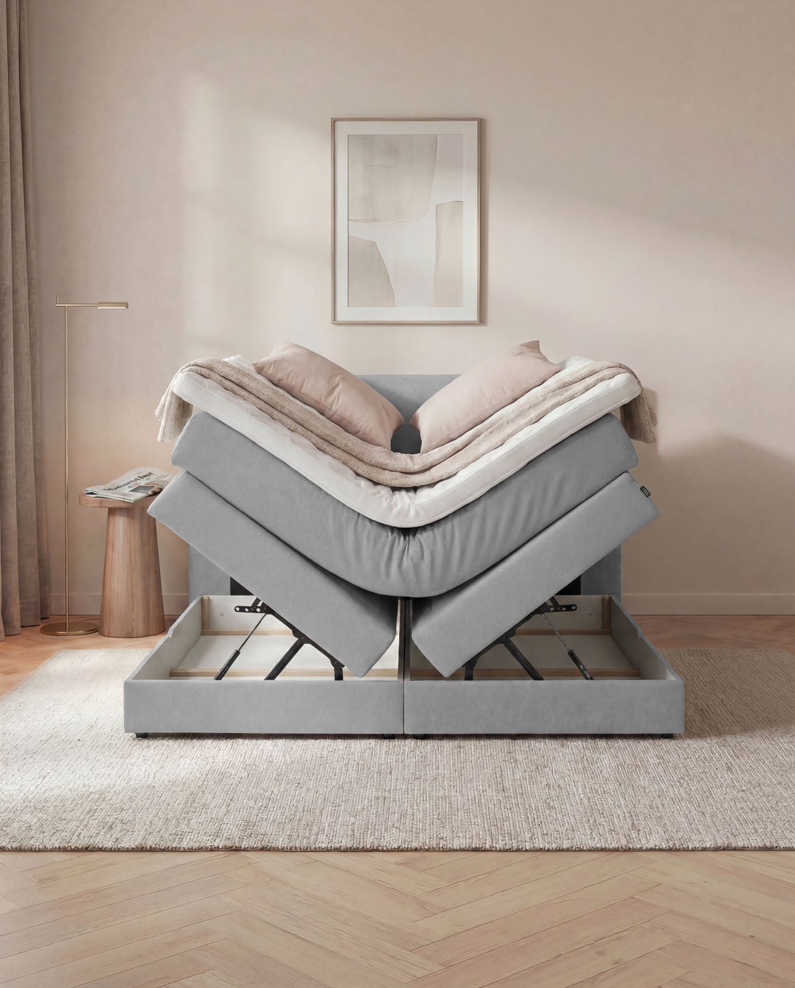 [SKU:3ABI16HGRBK,3ABI18HGRBK,3ABI20HGRBK] Boxspringbett 160x200 180x200 200x200 Hellgrau Bett Bettkasten Polsterbett Doppelbett Stauraumbett Bett mit Stauraum Schlafzimmer
