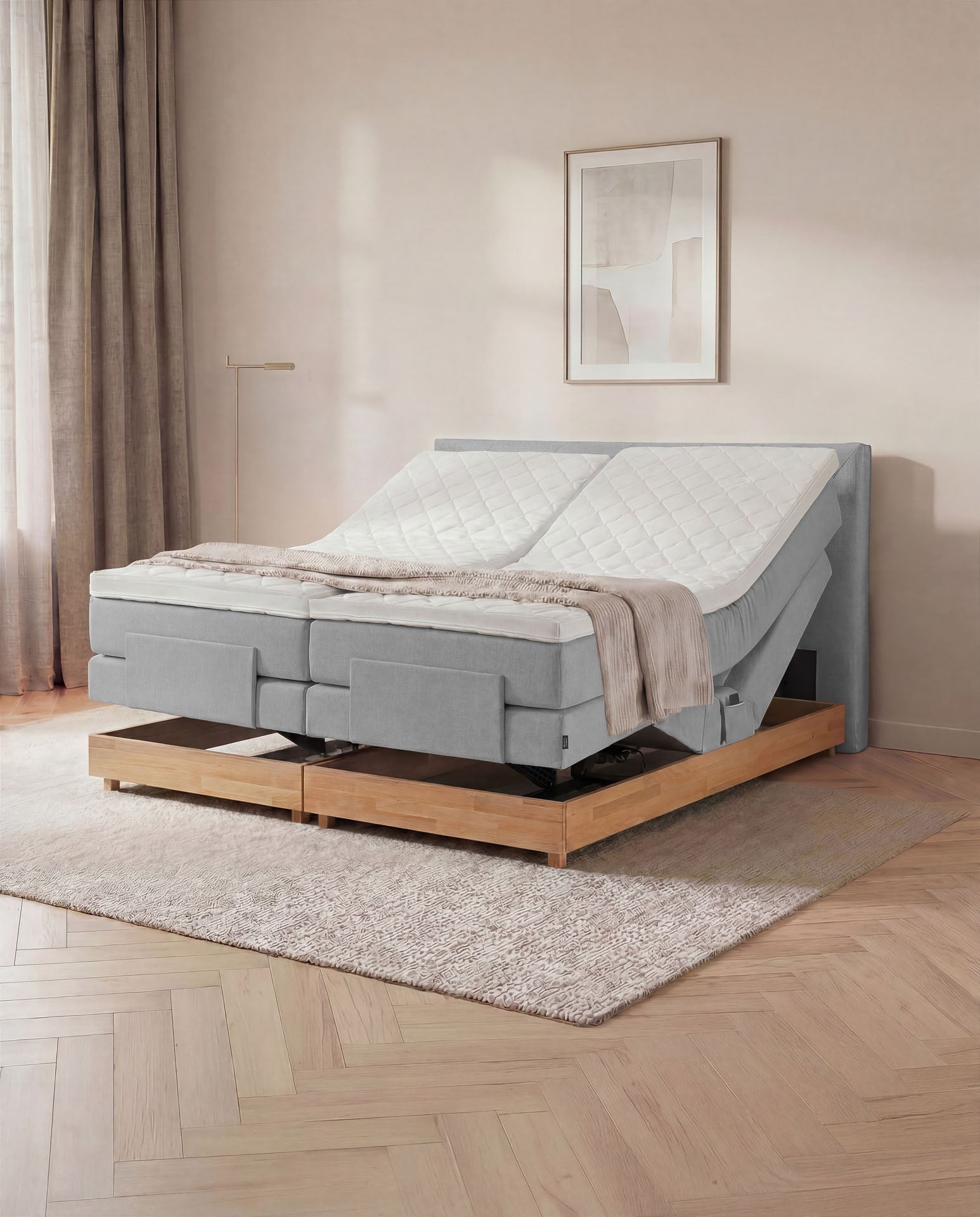 [SKU:3ABI16HGREVE,3ABI18HGREVE,3ABI20HGREVE] Boxspringbett 160x200 180x200 200x200 Hellgrau Bett elektrisch verstellbar Eiche Holz Motorbett Bett mit Motor Polsterbett Doppelbett Bett verstellbar Schlafzimmer