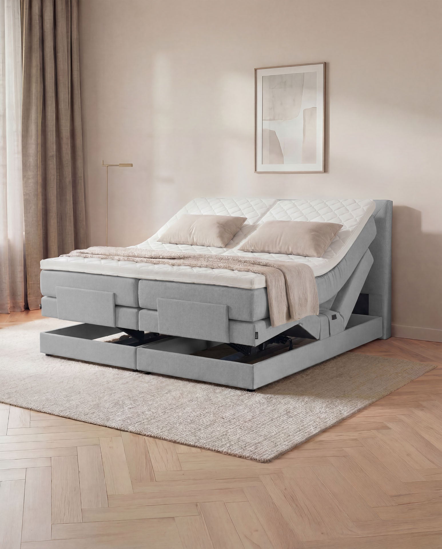 [SKU:3ABI16HGREV,3ABI18HGREV,3ABI20HGREV] Boxspringbett 160x200 180x200 200x200 Hellgrau Bett elektrisch verstellbar Motorbett Bett mit Motor Polsterbett Doppelbett Bett verstellbar Schlafzimmer