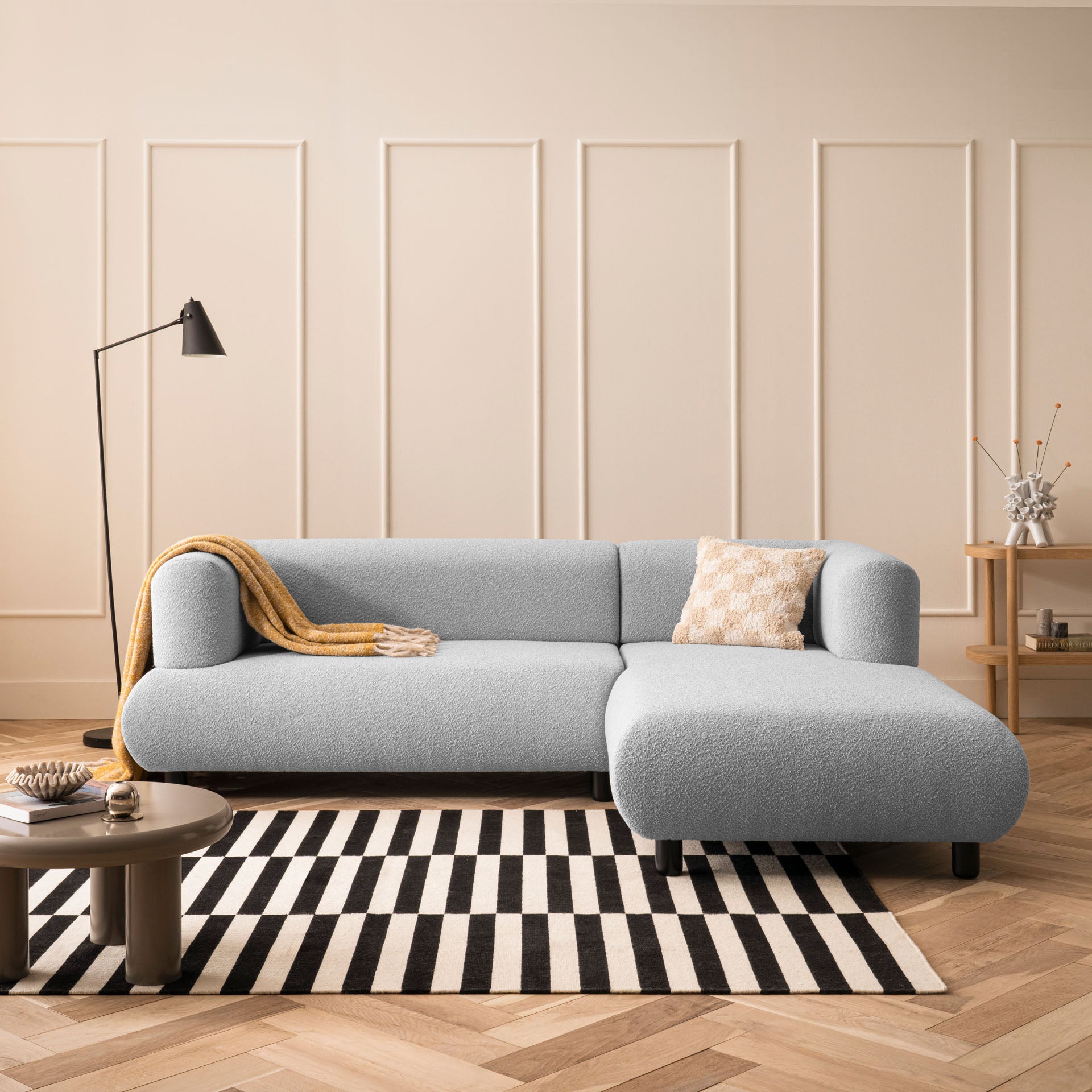 [SKU:1MODUL131HGROS] Sofa 3-Sitzer Ecksofa Hellgrau Polstersofa Couch L-Form Ottomane rechts Wohnlandschaft Designsofa