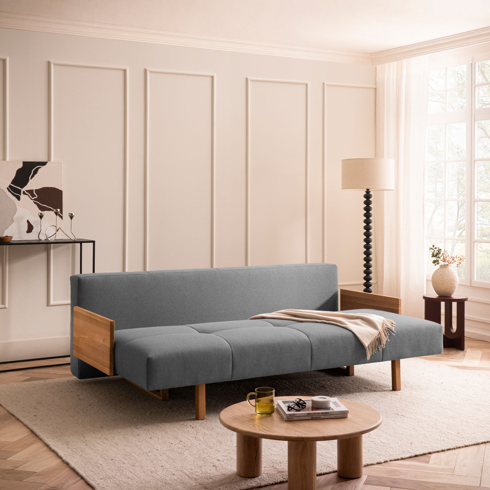 [SKU:1TAMINO203ANTSB] Schlafsofa Anthrazit Holzfüße Sofa mit Schlaffunktion Schlafcouch Bettkasten Schlafsofa mit Bettkasten