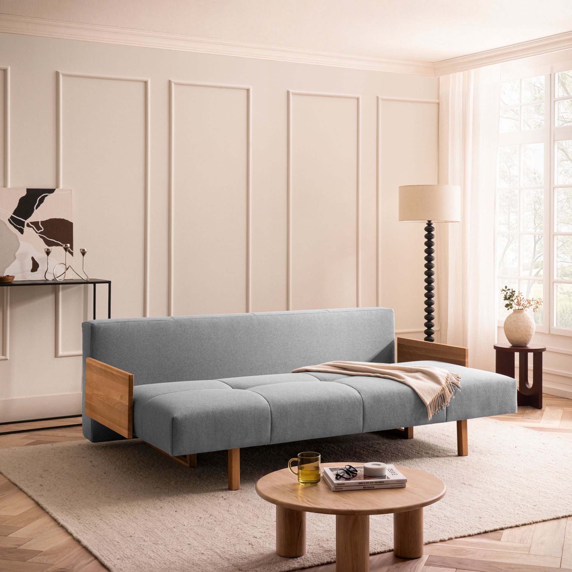 [SKU:1TAMINO203HGRSB] Schlafsofa Hellgrau Holzfüße Sofa mit Schlaffunktion Schlafcouch Bettkasten Schlafsofa mit Bettkasten