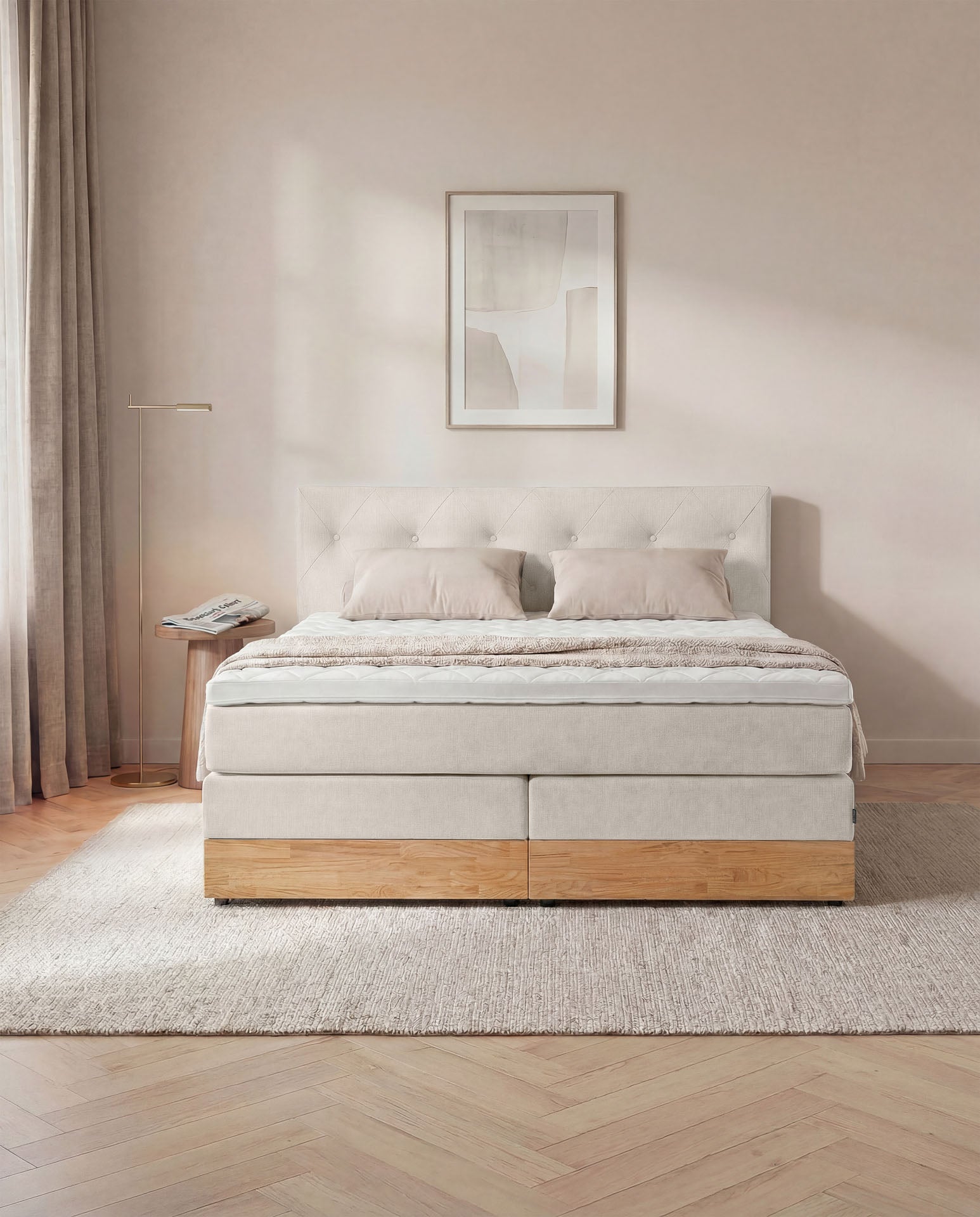 [SKU:3ABI16BEIBKE,3ABI18BEIBKE,3ABI20BEIBKE] Boxspringbett 160x200 180x200 200x200 Beige Bett Bettkasten Eiche Holz Polsterbett Doppelbett Stauraumbett Bett mit Holzrahmen Schlafzimmer