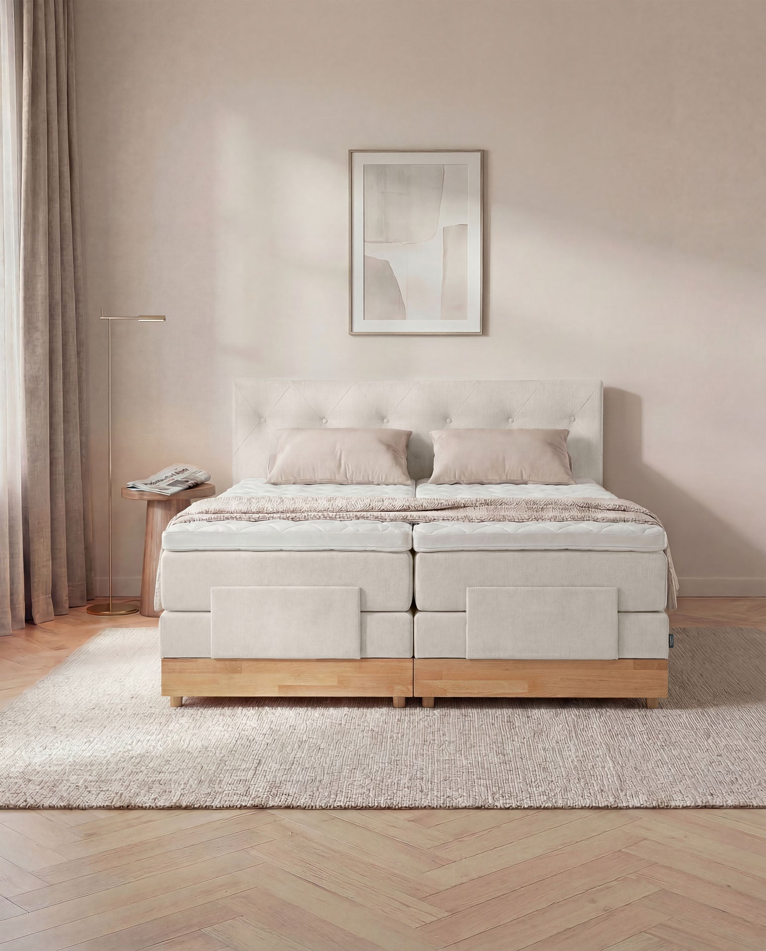 [SKU:3ABI16BEIEVE,3ABI18BEIEVE,3ABI20BEIEVE] Boxspringbett 160x200 180x200 200x200 Beige Bett elektrisch verstellbar Eiche Holz Motorbett Bett mit Motor Polsterbett Doppelbett Bett verstellbar Schlafzimmer