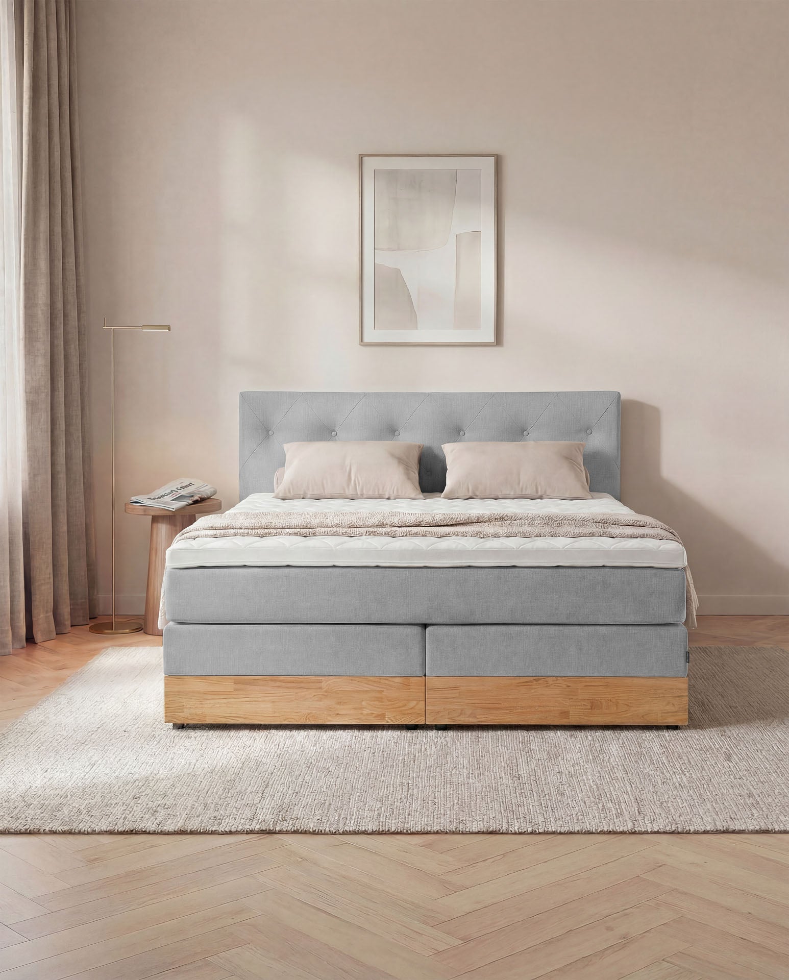 [SKU:3ABI16HGRBKE,3ABI18HGRBKE,3ABI20HGRBKE] Boxspringbett 160x200 180x200 200x200 Hellgrau Bett Bettkasten Eiche Holz Polsterbett Doppelbett Stauraumbett Bett mit Holzrahmen Schlafzimmer