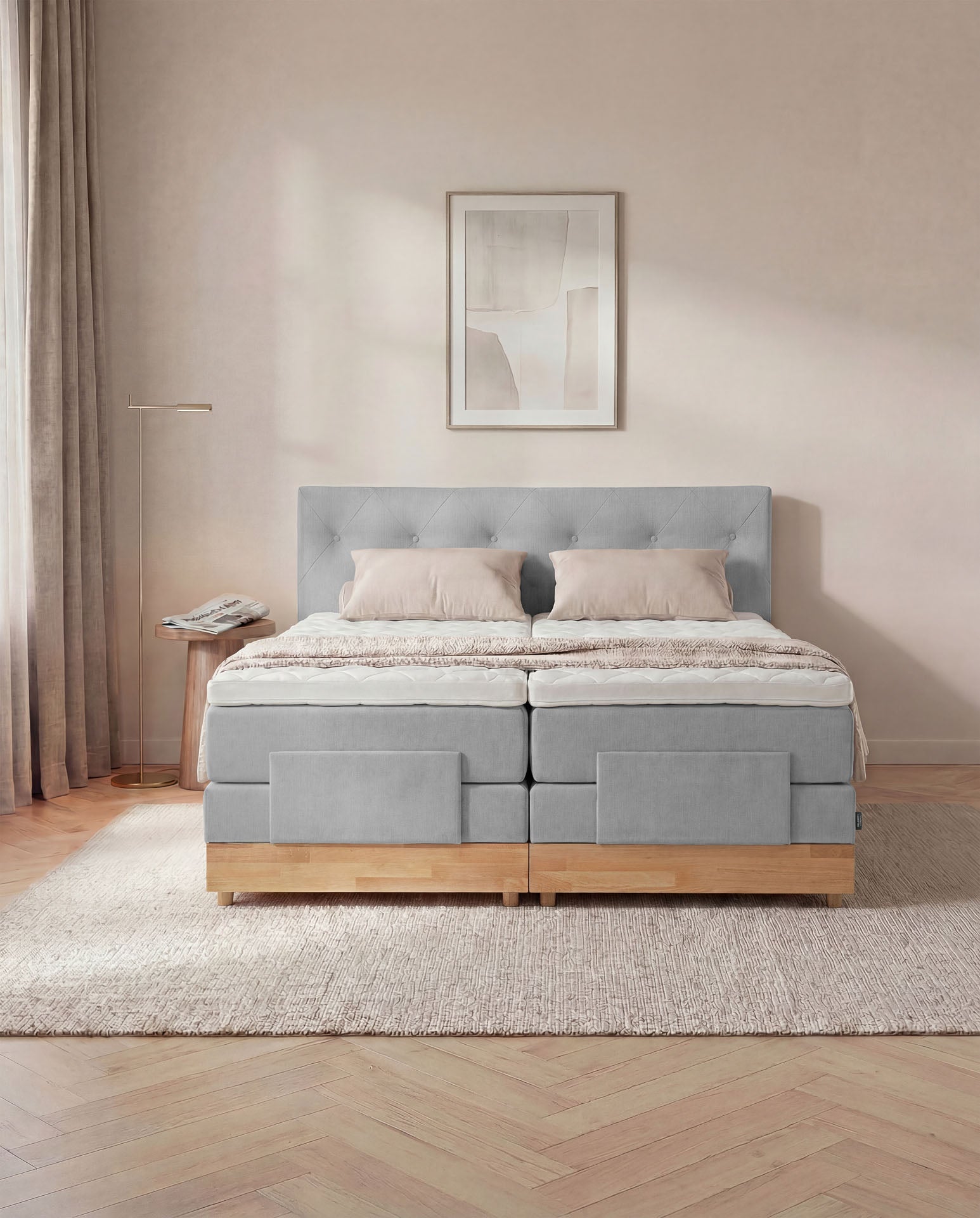 [SKU:3ABI16HGREVE,3ABI18HGREVE,3ABI20HGREVE] Boxspringbett 160x200 180x200 200x200 Hellgrau Bett elektrisch verstellbar Eiche Holz Motorbett Bett mit Motor Polsterbett Doppelbett Bett verstellbar Schlafzimmer