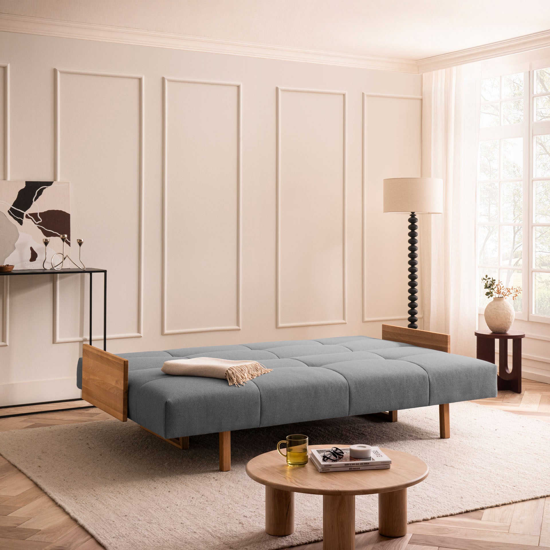 [SKU:1TAMINO203ANTSB] Schlafsofa Anthrazit Holzfüße Sofa mit Schlaffunktion Schlafcouch Bettkasten Schlafsofa mit Bettkasten