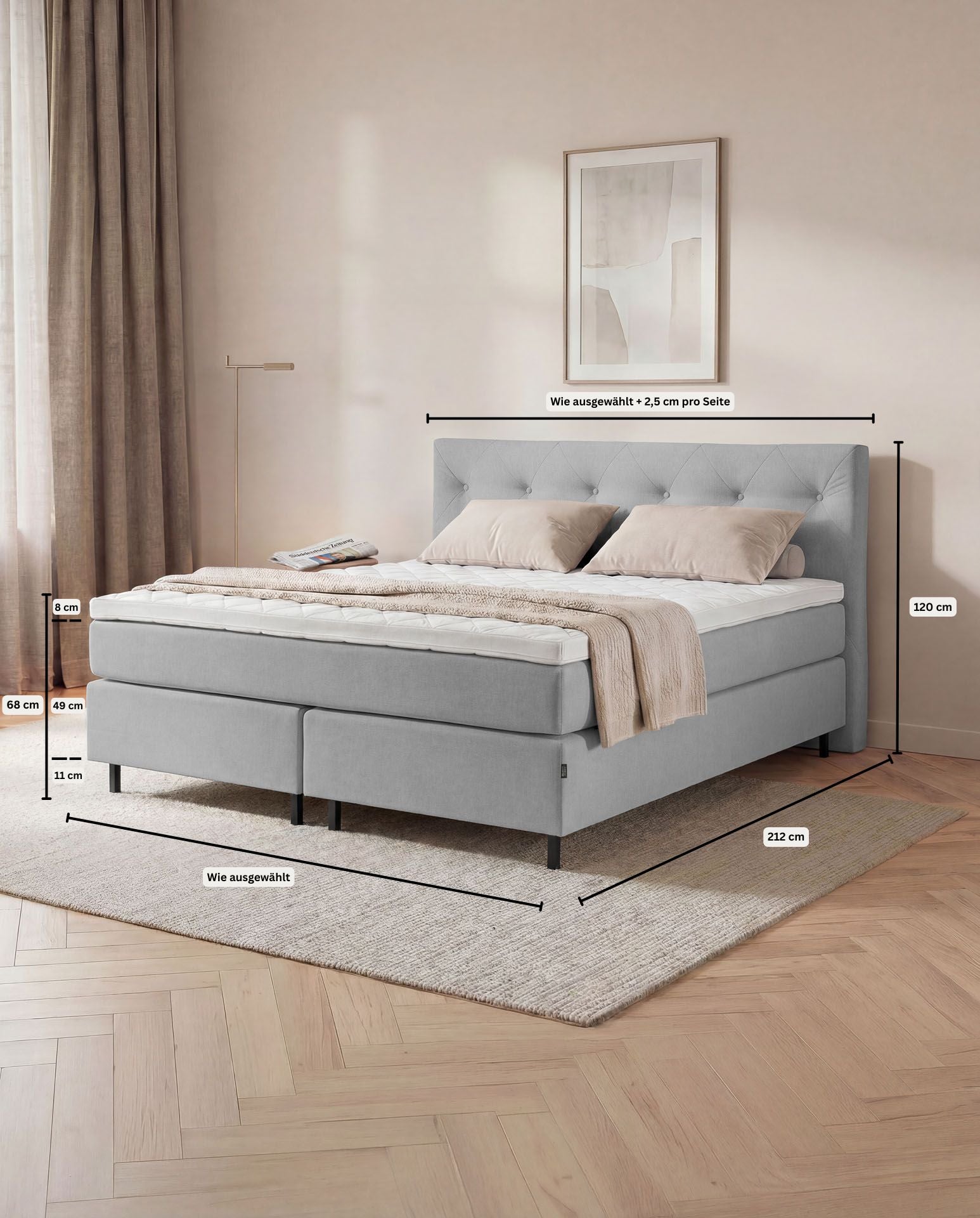 [SKU:3ABI16HGRNB,3ABI18HGRNB,3ABI20HGRNB] Boxspringbett 160x200 180x200 200x200 Hellgrau Bett Polsterbett Doppelbett Boxspring Bett grau Schlafzimmer