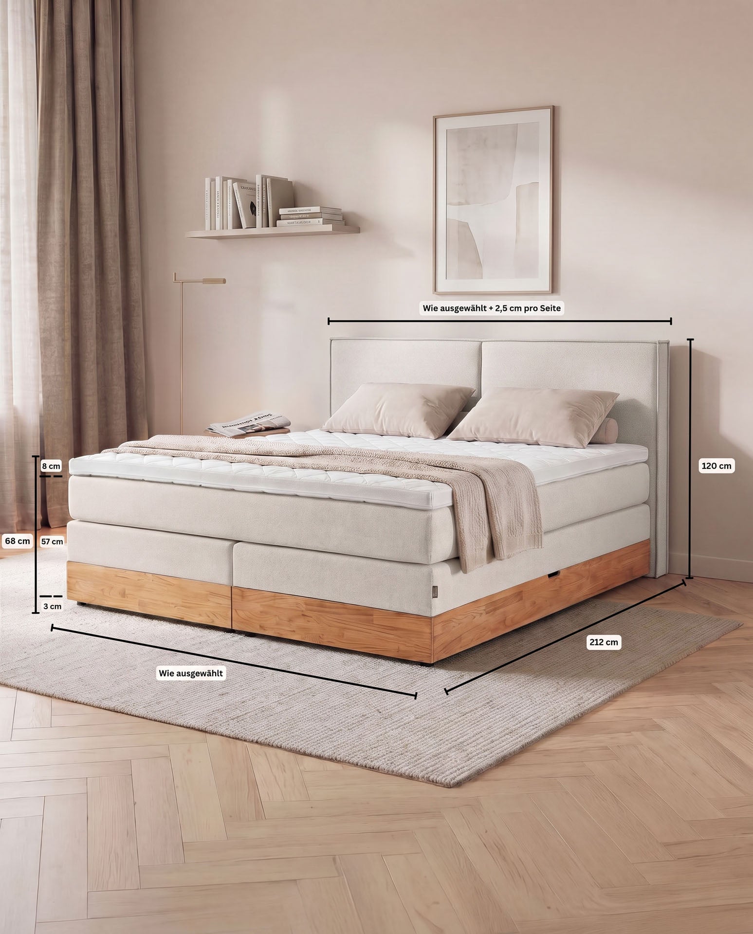Boxspringbett mit Bettkasten Eiche 160x200 180x200 200x200 Beige Bett Stauraum Holzrahmen Polsterbett Doppelbett