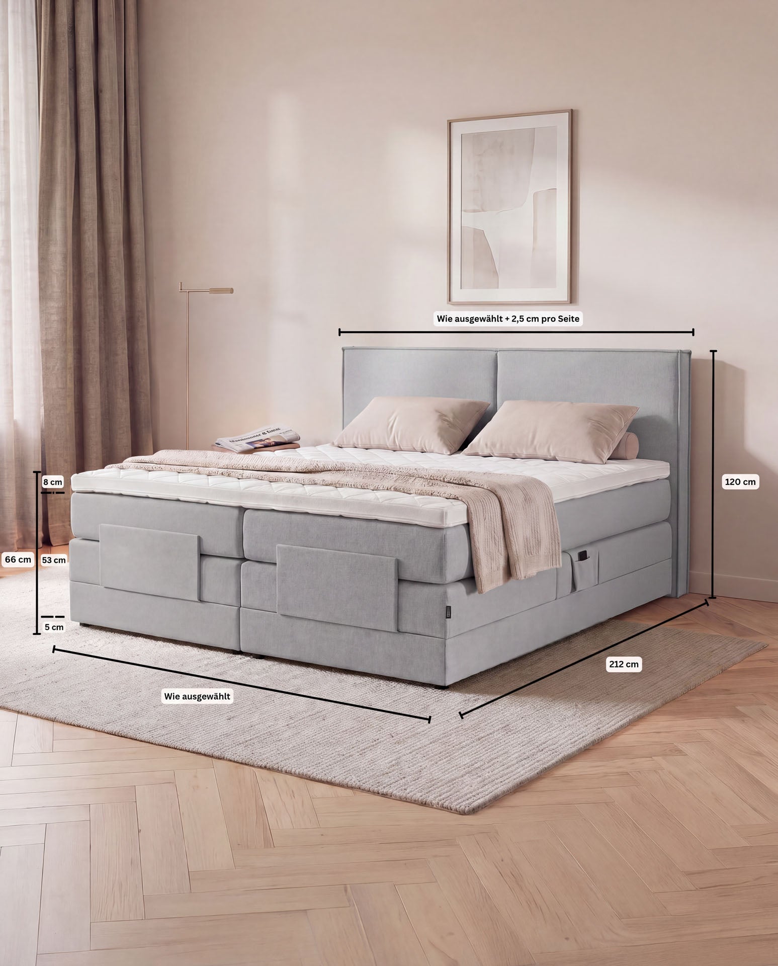 Boxspringbett elektrisch verstellbar 160x200 180x200 200x200 Hellgrau Motorbett Bett mit Motor Polsterbett Doppelbett