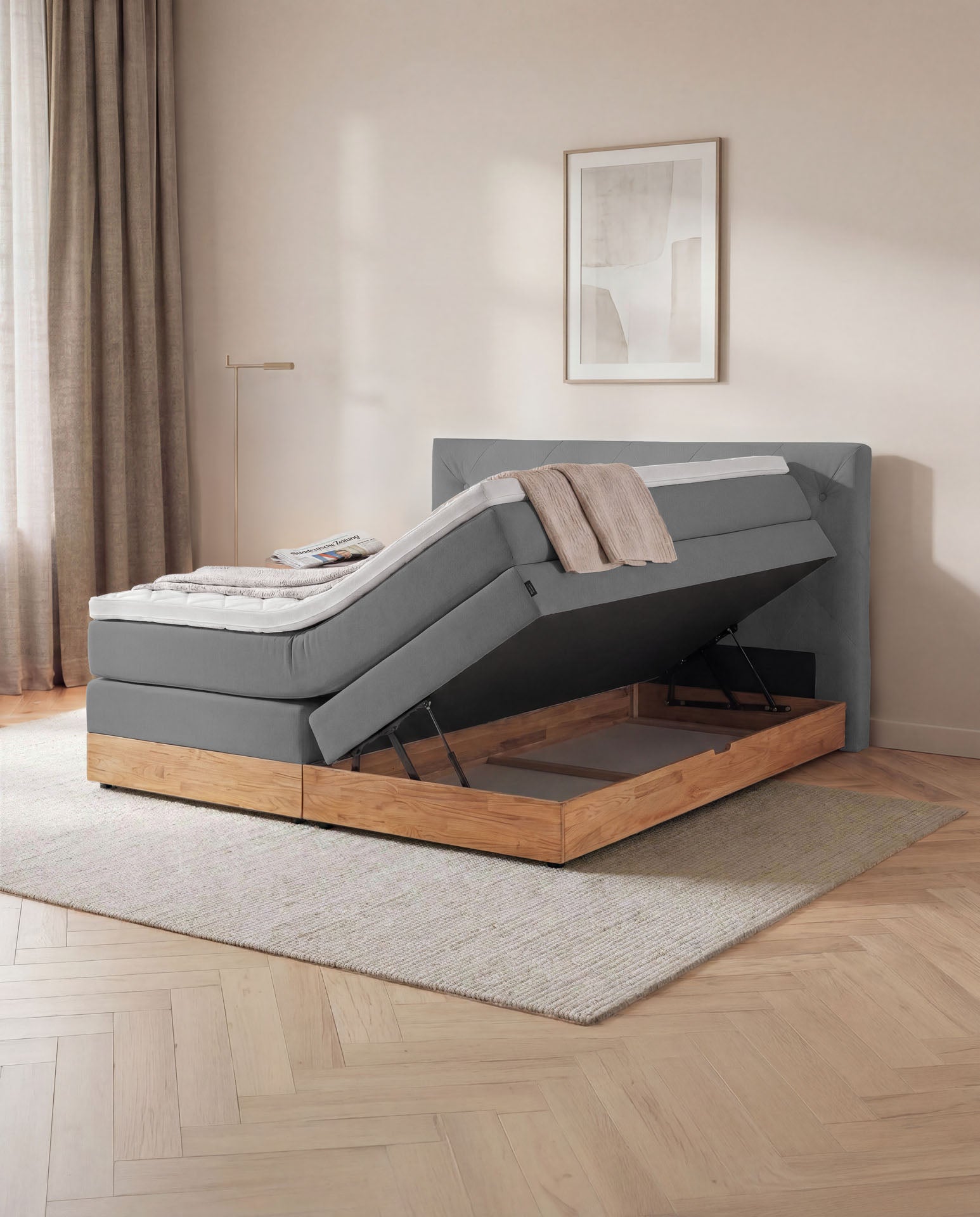 [SKU:3ABI16ANTBKE,3ABI18ANTBKE,3ABI20ANTBKE] Boxspringbett 160x200 180x200 200x200 Anthrazit Bett Bettkasten Eiche Holz Polsterbett Doppelbett Stauraumbett Bett mit Holzrahmen Schlafzimmer