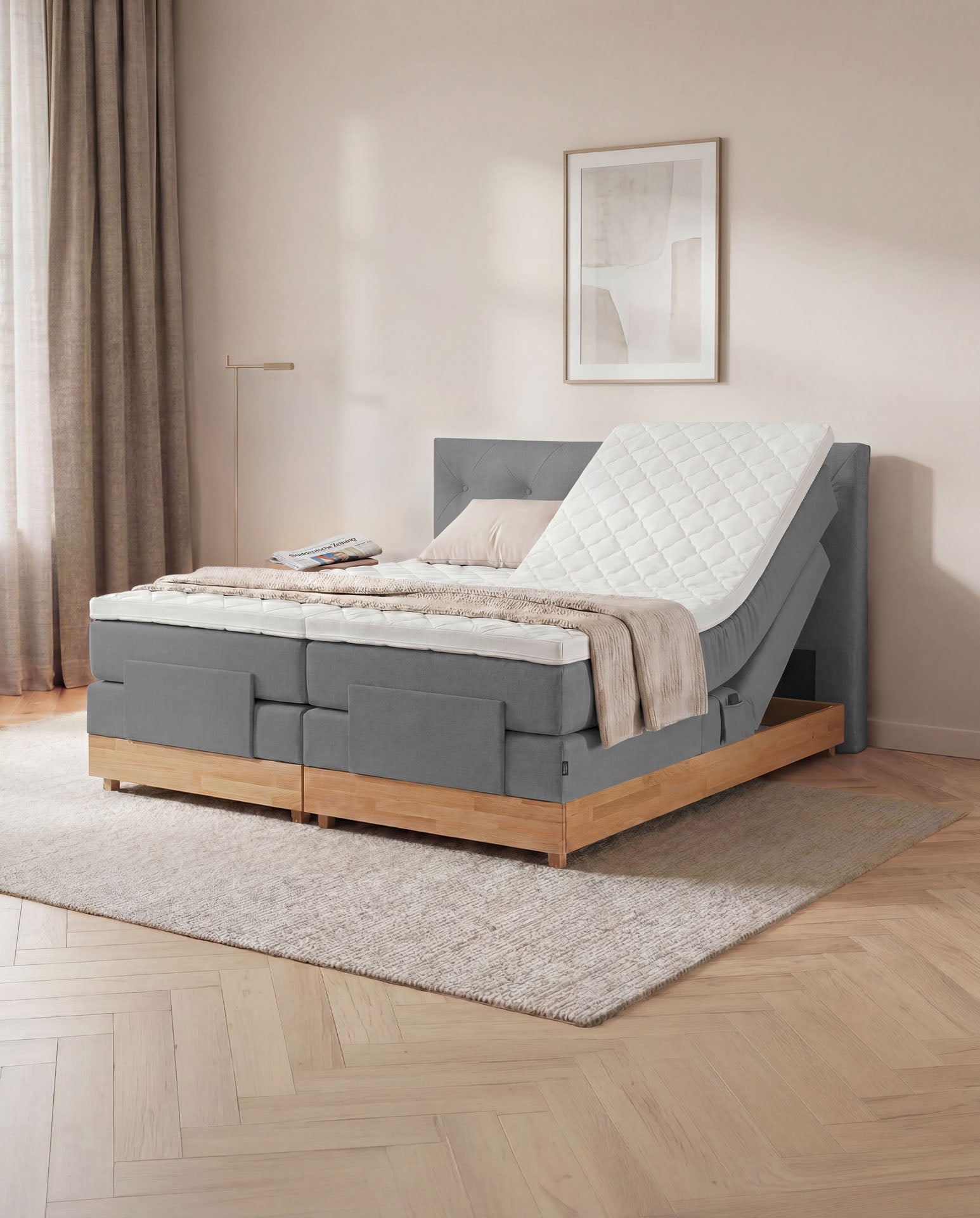 [SKU:3ABI16ANTEVE,3ABI18ANTEVE,3ABI20ANTEVE] Boxspringbett 160x200 180x200 200x200 Anthrazit Bett elektrisch verstellbar Eiche Holz Motorbett Bett mit Motor Polsterbett Doppelbett Bett verstellbar Schlafzimmer
