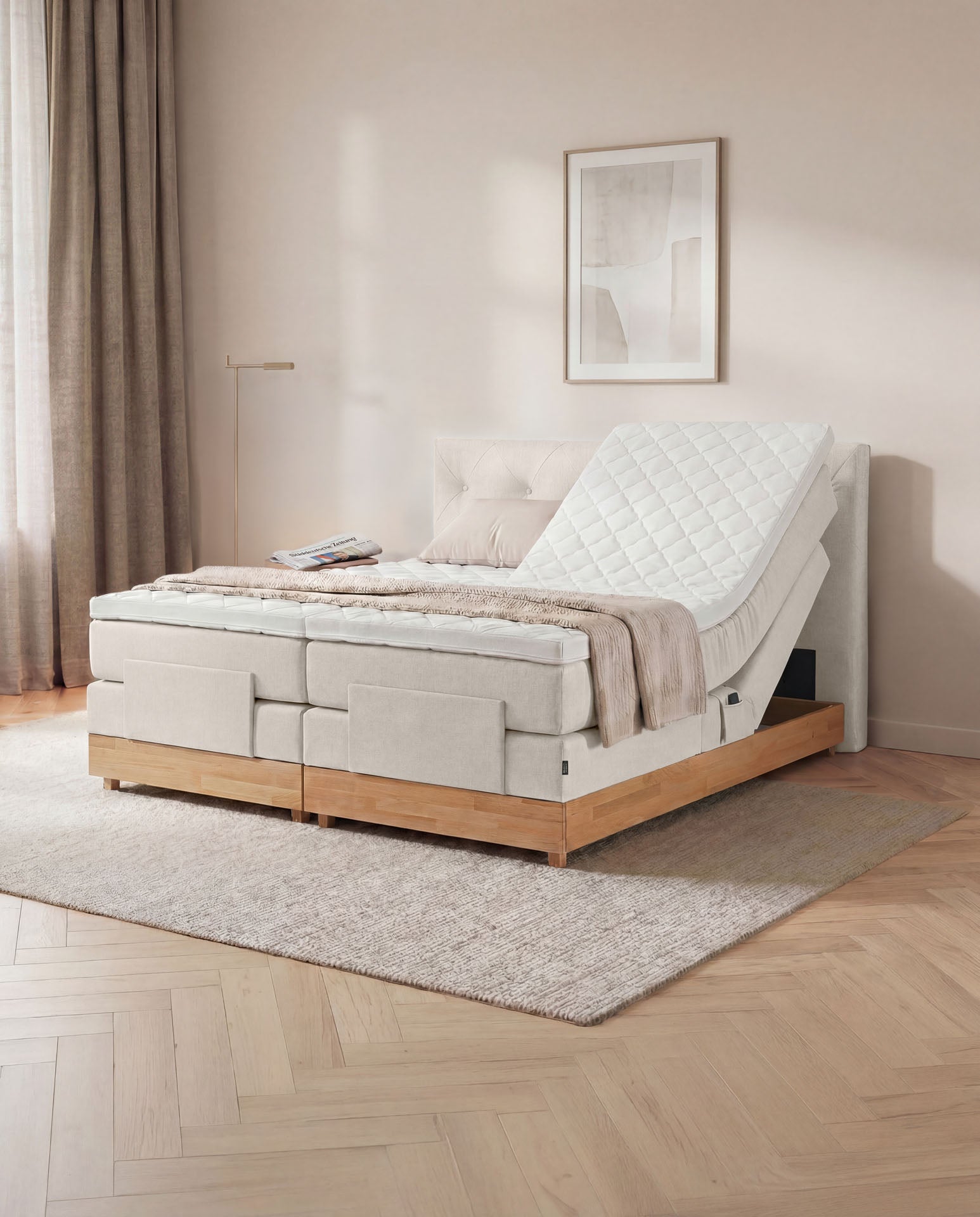 [SKU:3ABI16BEIEVE,3ABI18BEIEVE,3ABI20BEIEVE] Boxspringbett 160x200 180x200 200x200 Beige Bett elektrisch verstellbar Eiche Holz Motorbett Bett mit Motor Polsterbett Doppelbett Bett verstellbar Schlafzimmer