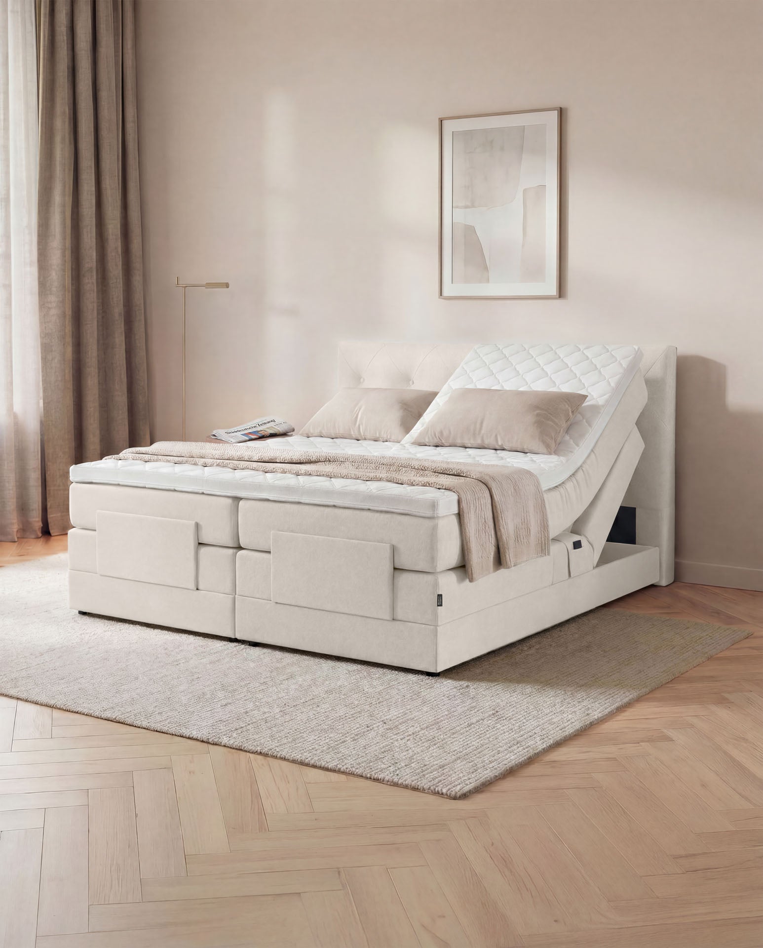 [SKU:3ABI16BEIEV,3ABI18BEIEV,3ABI20BEIEV] Boxspringbett 160x200 180x200 200x200 Beige Bett elektrisch verstellbar Motorbett Bett mit Motor Polsterbett Doppelbett Bett verstellbar Schlafzimmer