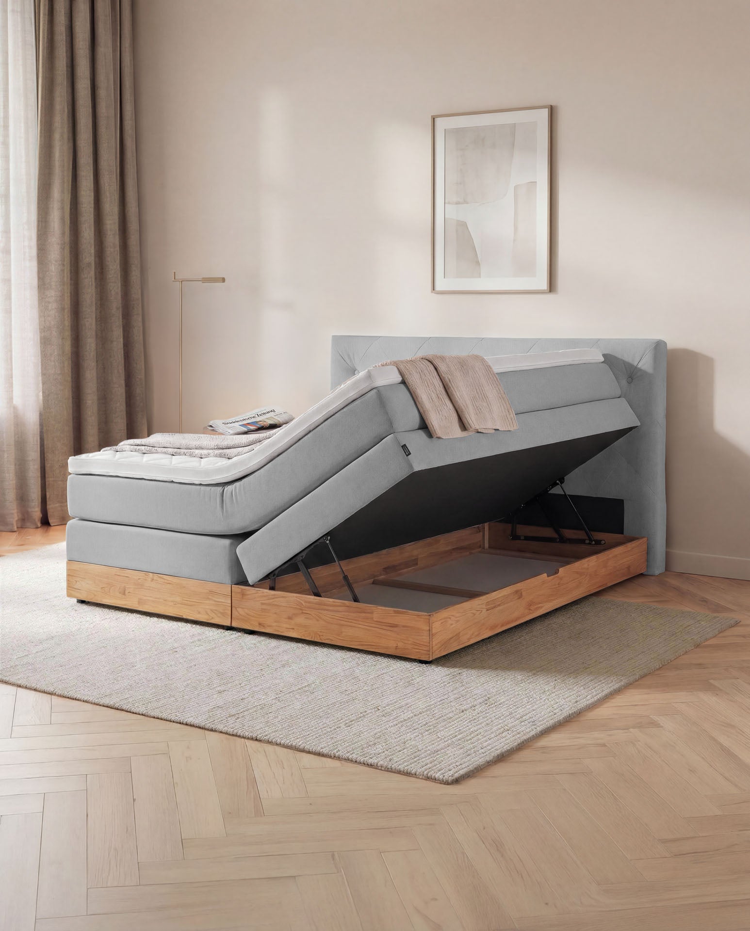 [SKU:3ABI16HGRBKE,3ABI18HGRBKE,3ABI20HGRBKE] Boxspringbett 160x200 180x200 200x200 Hellgrau Bett Bettkasten Eiche Holz Polsterbett Doppelbett Stauraumbett Bett mit Holzrahmen Schlafzimmer