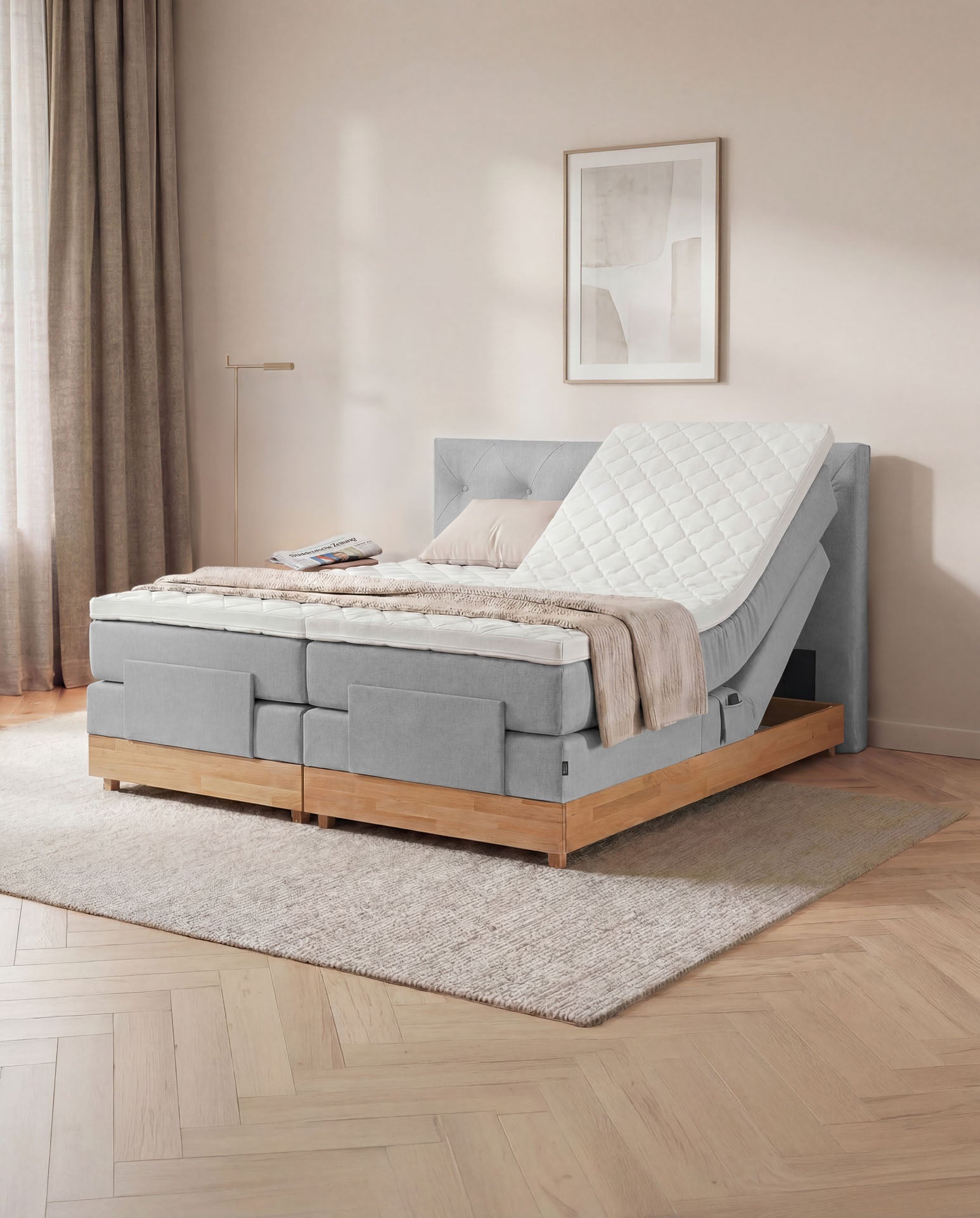 [SKU:3ABI16HGREVE,3ABI18HGREVE,3ABI20HGREVE] Boxspringbett 160x200 180x200 200x200 Hellgrau Bett elektrisch verstellbar Eiche Holz Motorbett Bett mit Motor Polsterbett Doppelbett Bett verstellbar Schlafzimmer