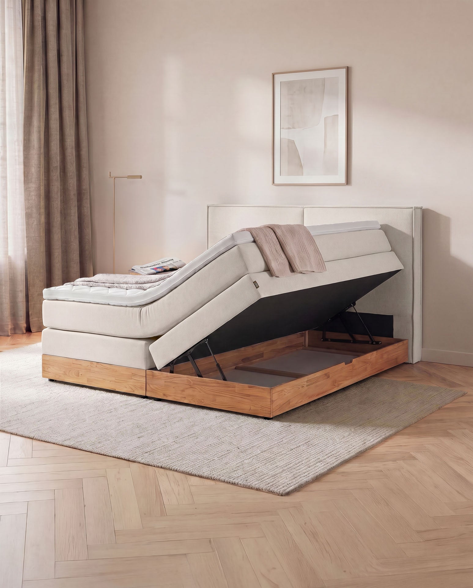 Boxspringbett mit Bettkasten Eiche 160x200 180x200 200x200 Beige Bett Stauraum Holzrahmen Polsterbett Doppelbett
