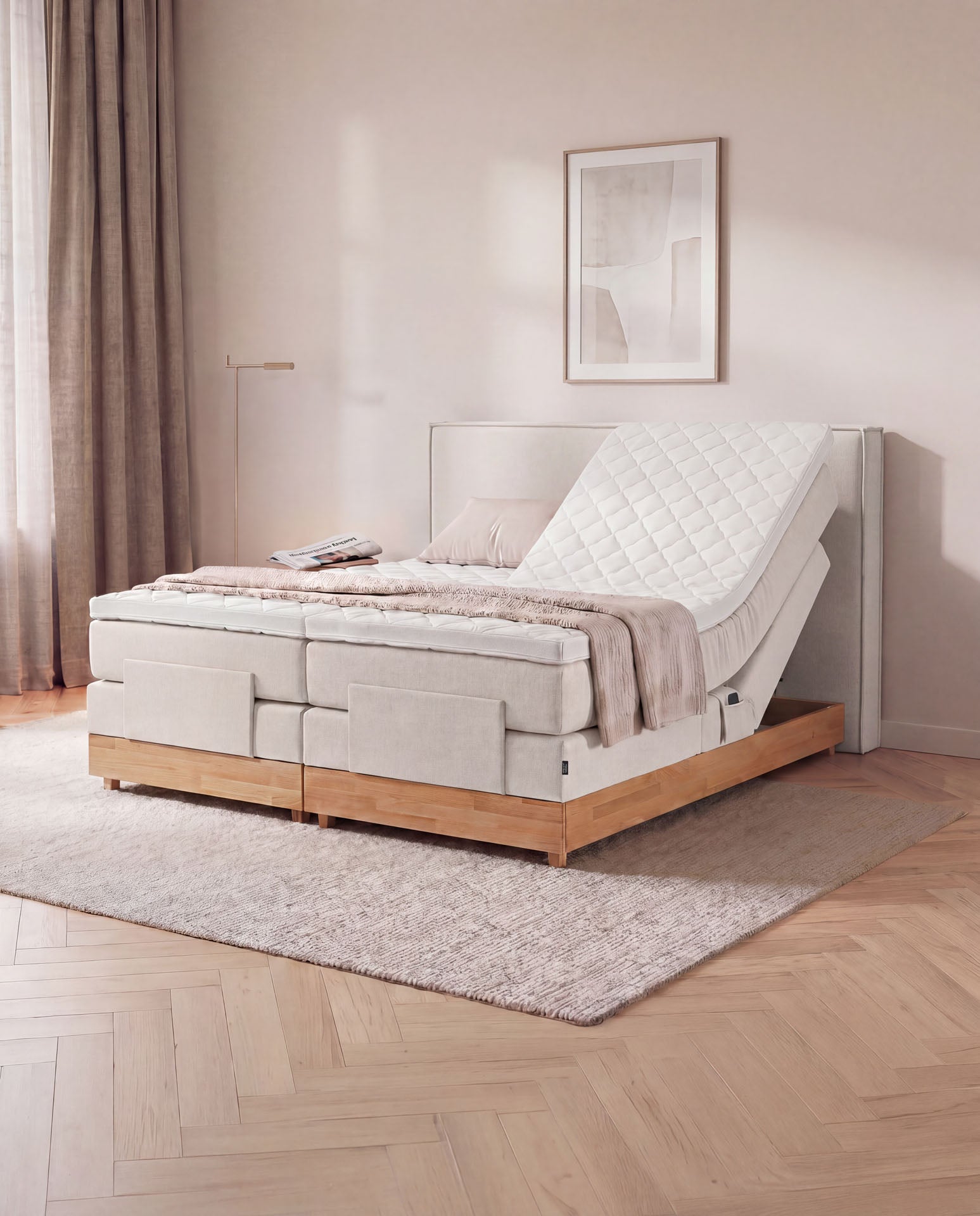 Boxspringbett elektrisch verstellbar Eiche 160x200 180x200 200x200 Beige Motorbett Bett mit Motor Holzrahmen Doppelbett