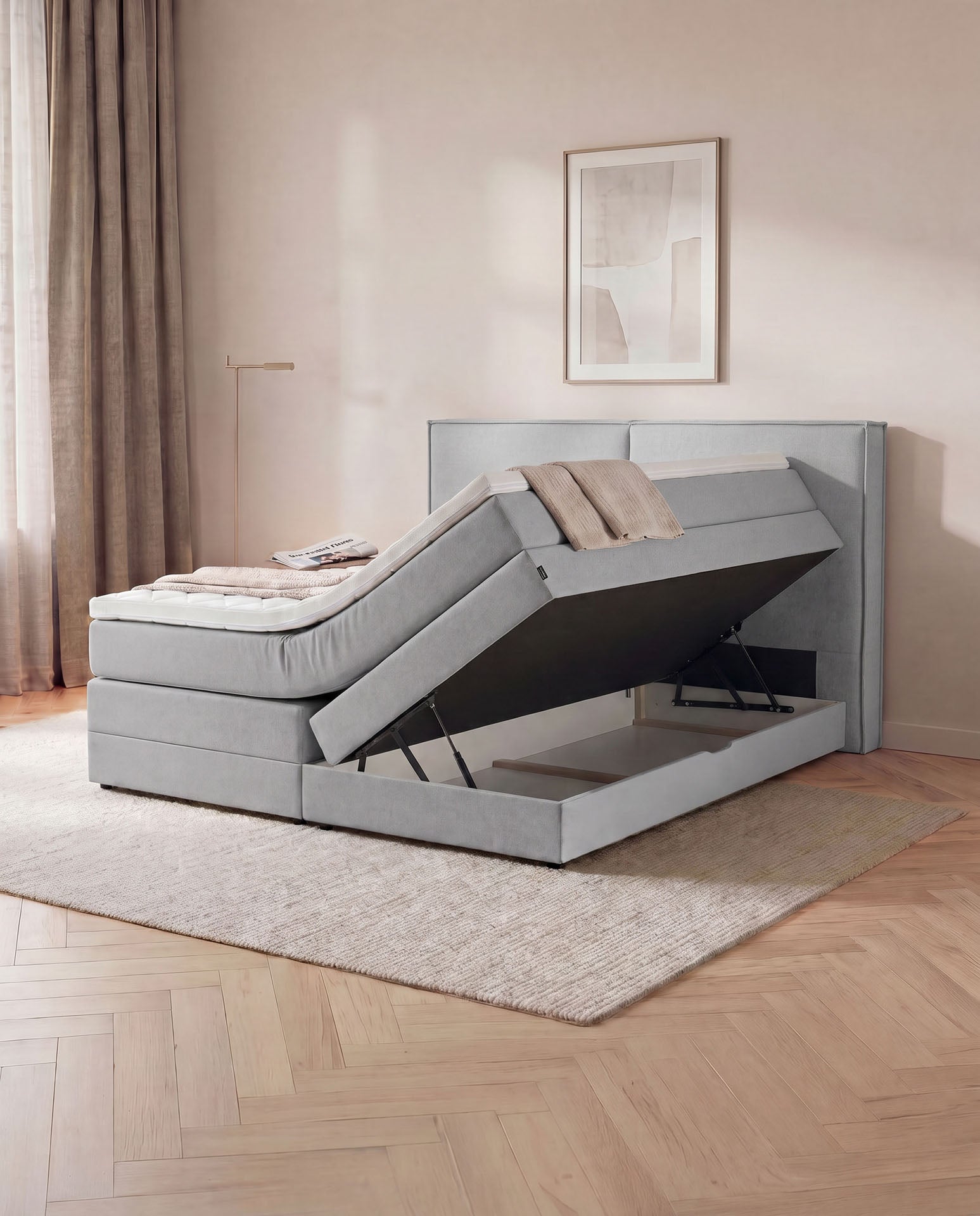 Boxspringbett mit Bettkasten 160x200 180x200 200x200 Hellgrau Bett Stauraum Polsterbett Doppelbett Boxspring Bett