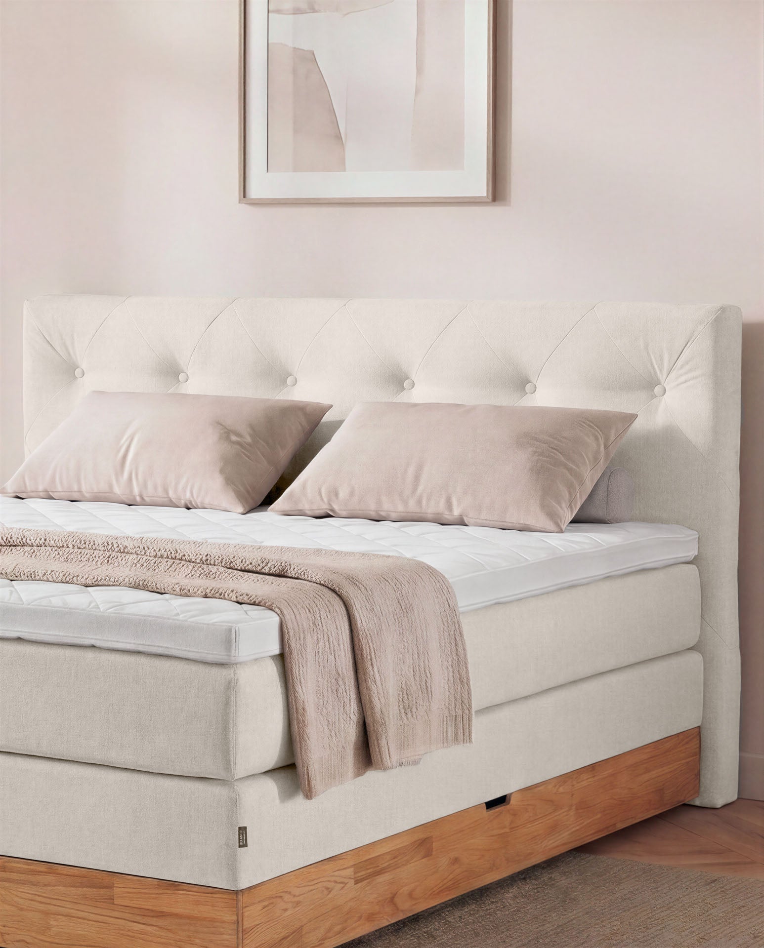 [SKU:3ABI16BEIBKE,3ABI18BEIBKE,3ABI20BEIBKE] Boxspringbett 160x200 180x200 200x200 Beige Bett Bettkasten Eiche Holz Polsterbett Doppelbett Stauraumbett Bett mit Holzrahmen Schlafzimmer