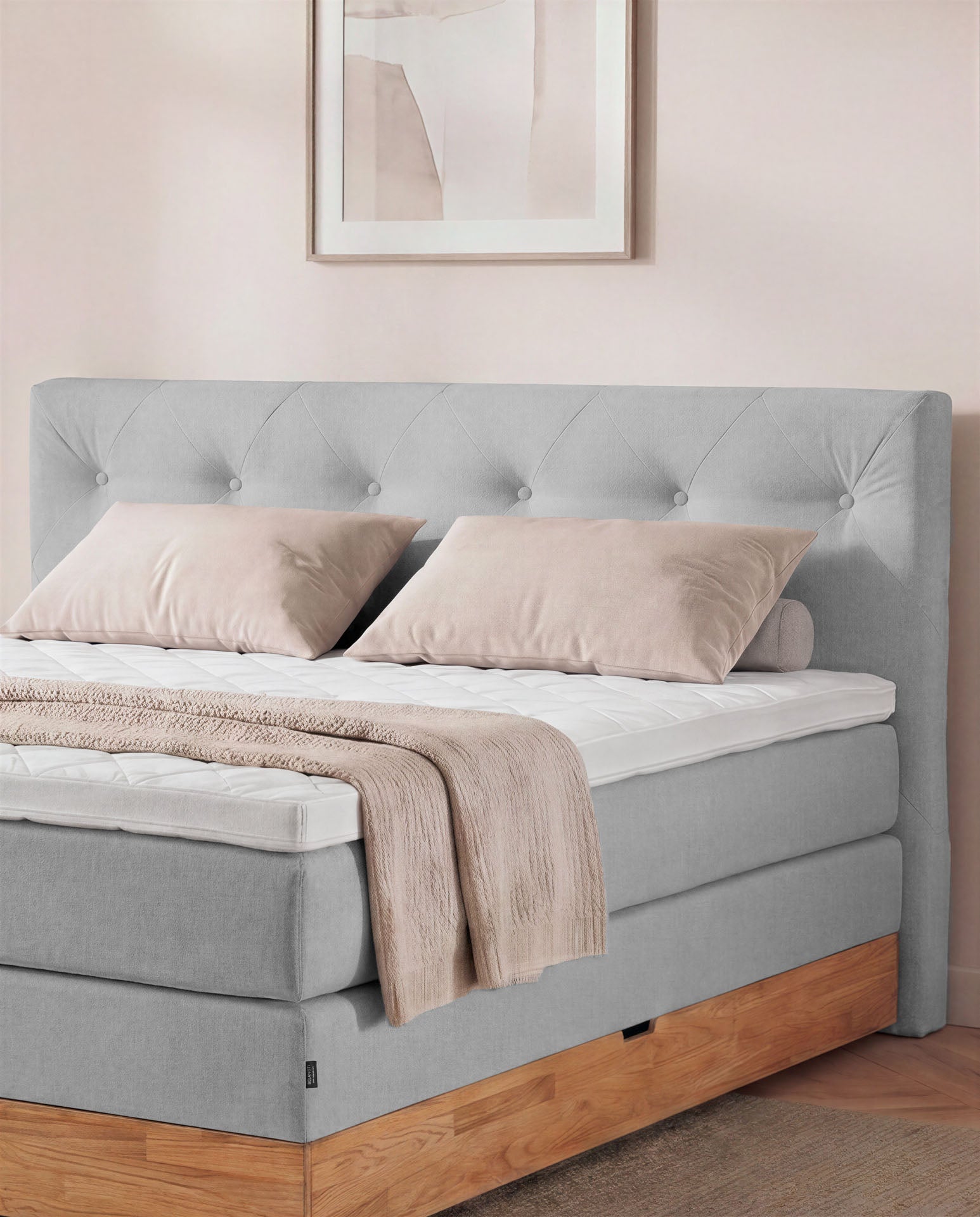 [SKU:3ABI16HGRBKE,3ABI18HGRBKE,3ABI20HGRBKE] Boxspringbett 160x200 180x200 200x200 Hellgrau Bett Bettkasten Eiche Holz Polsterbett Doppelbett Stauraumbett Bett mit Holzrahmen Schlafzimmer