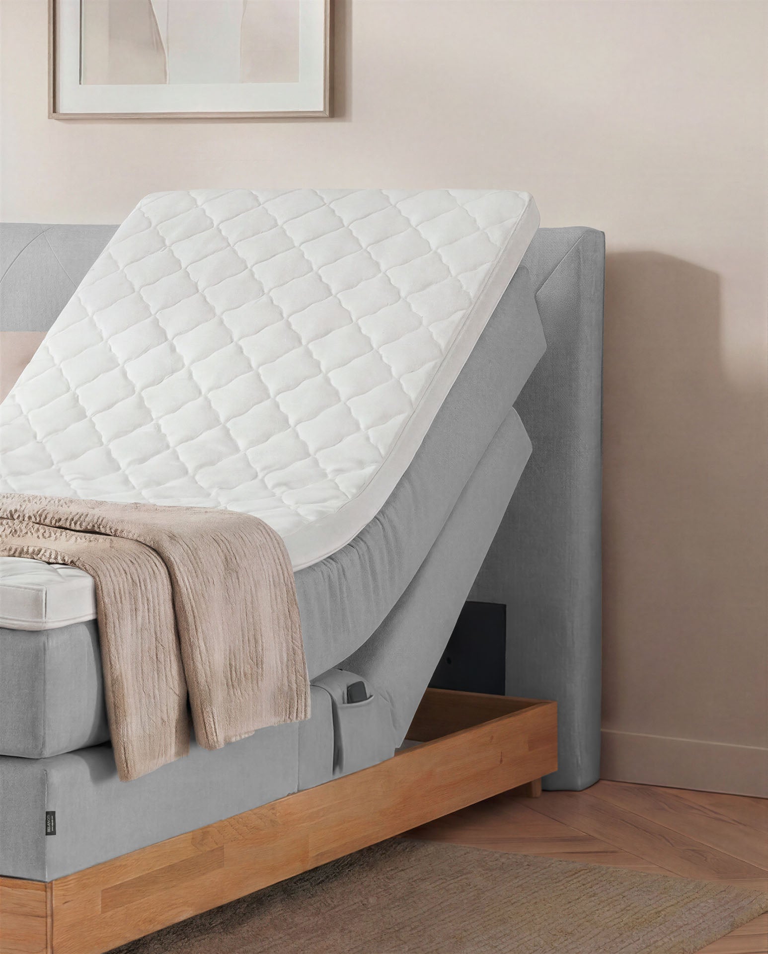 [SKU:3ABI16HGREVE,3ABI18HGREVE,3ABI20HGREVE] Boxspringbett 160x200 180x200 200x200 Hellgrau Bett elektrisch verstellbar Eiche Holz Motorbett Bett mit Motor Polsterbett Doppelbett Bett verstellbar Schlafzimmer