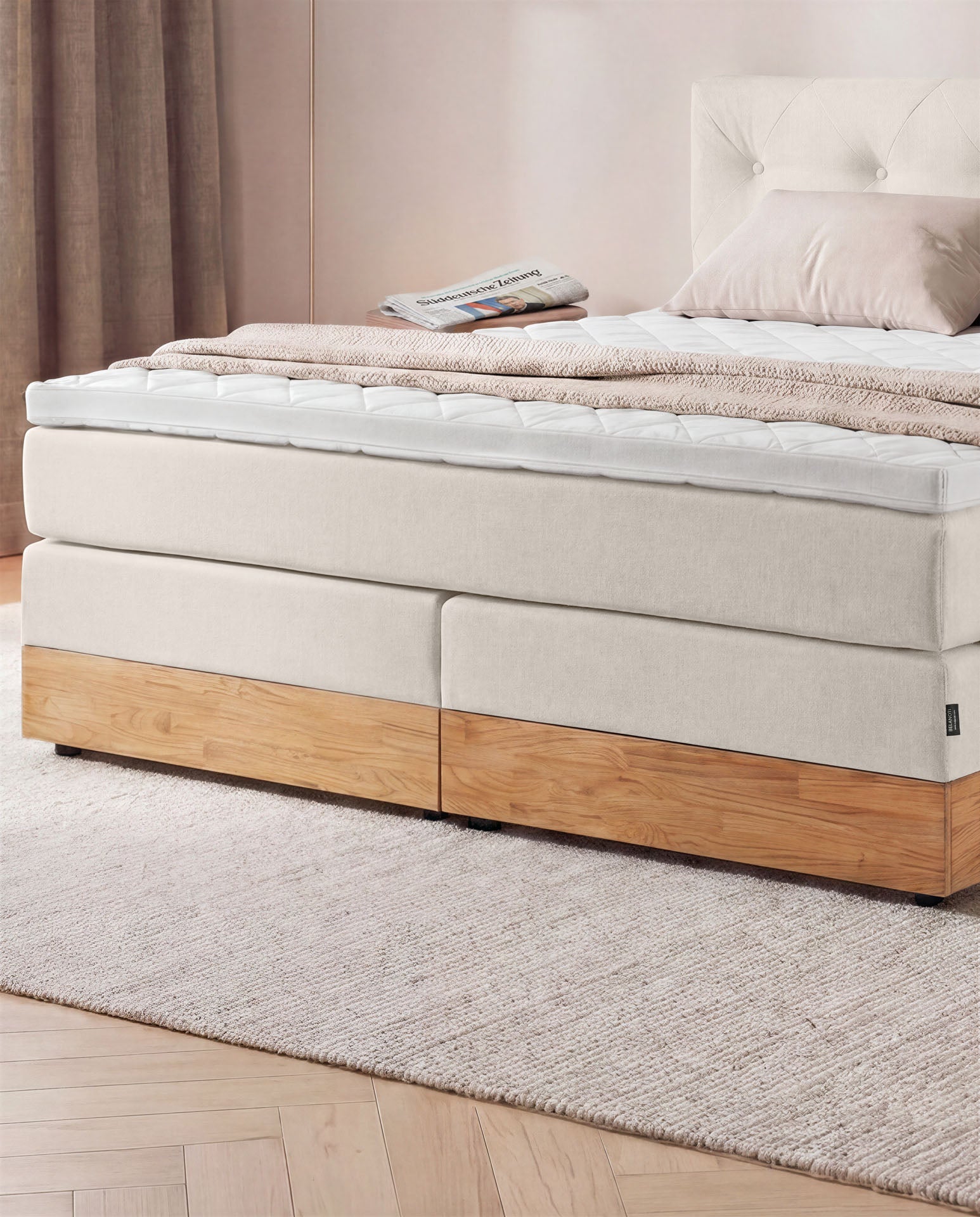 [SKU:3ABI16BEIBKE,3ABI18BEIBKE,3ABI20BEIBKE] Boxspringbett 160x200 180x200 200x200 Beige Bett Bettkasten Eiche Holz Polsterbett Doppelbett Stauraumbett Bett mit Holzrahmen Schlafzimmer