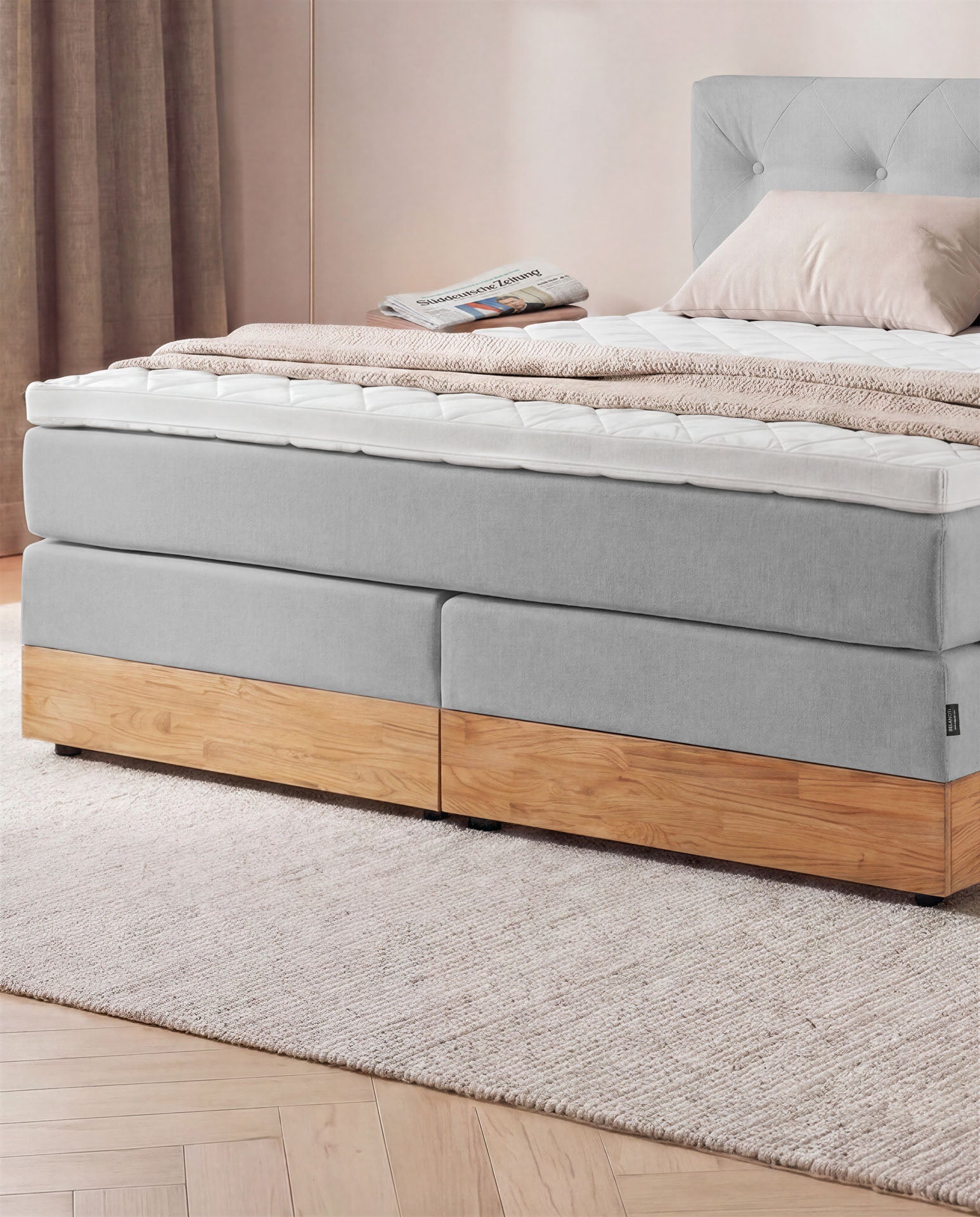 [SKU:3ABI16HGRBKE,3ABI18HGRBKE,3ABI20HGRBKE] Boxspringbett 160x200 180x200 200x200 Hellgrau Bett Bettkasten Eiche Holz Polsterbett Doppelbett Stauraumbett Bett mit Holzrahmen Schlafzimmer