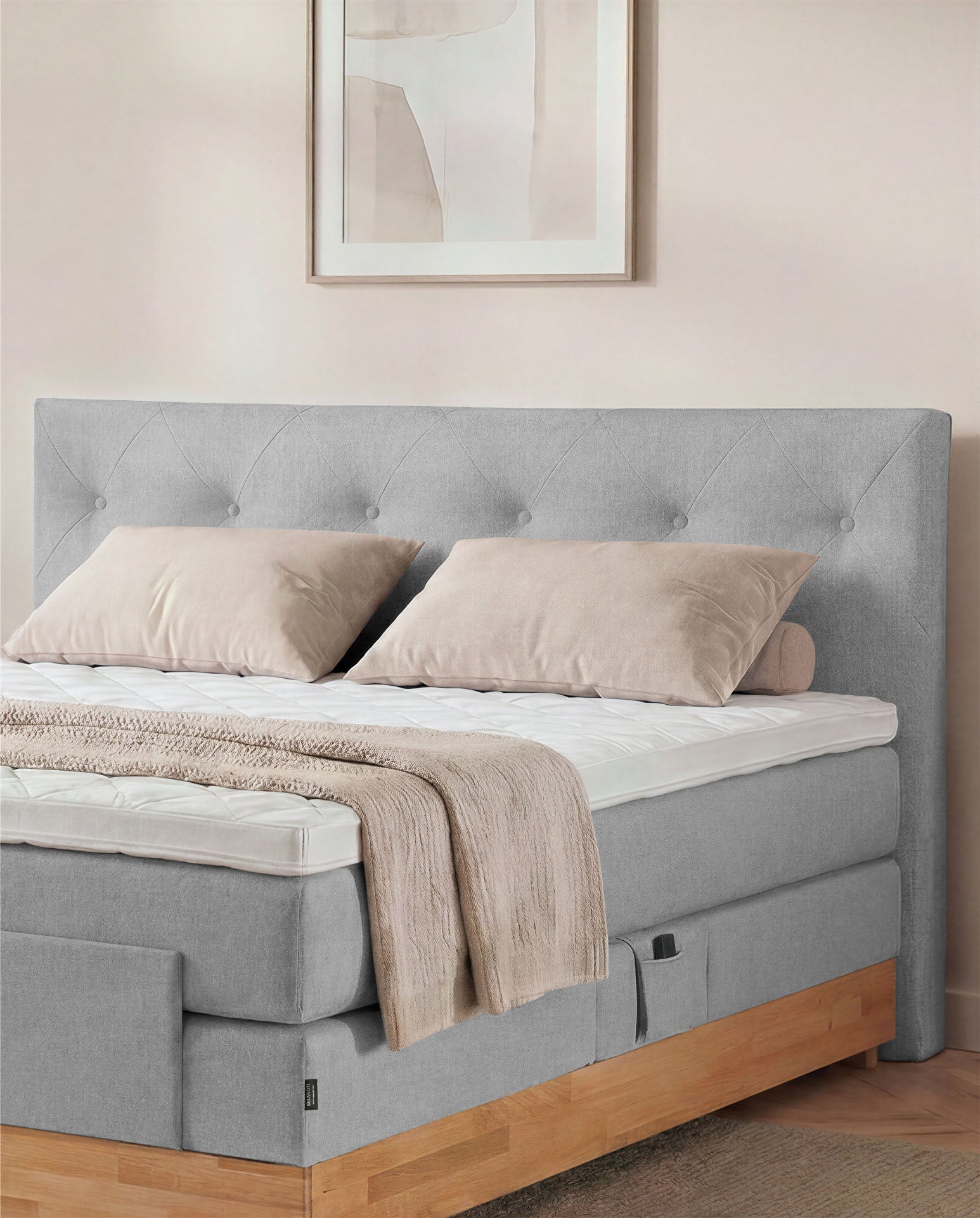 [SKU:3ABI16HGREVE,3ABI18HGREVE,3ABI20HGREVE] Boxspringbett 160x200 180x200 200x200 Hellgrau Bett elektrisch verstellbar Eiche Holz Motorbett Bett mit Motor Polsterbett Doppelbett Bett verstellbar Schlafzimmer