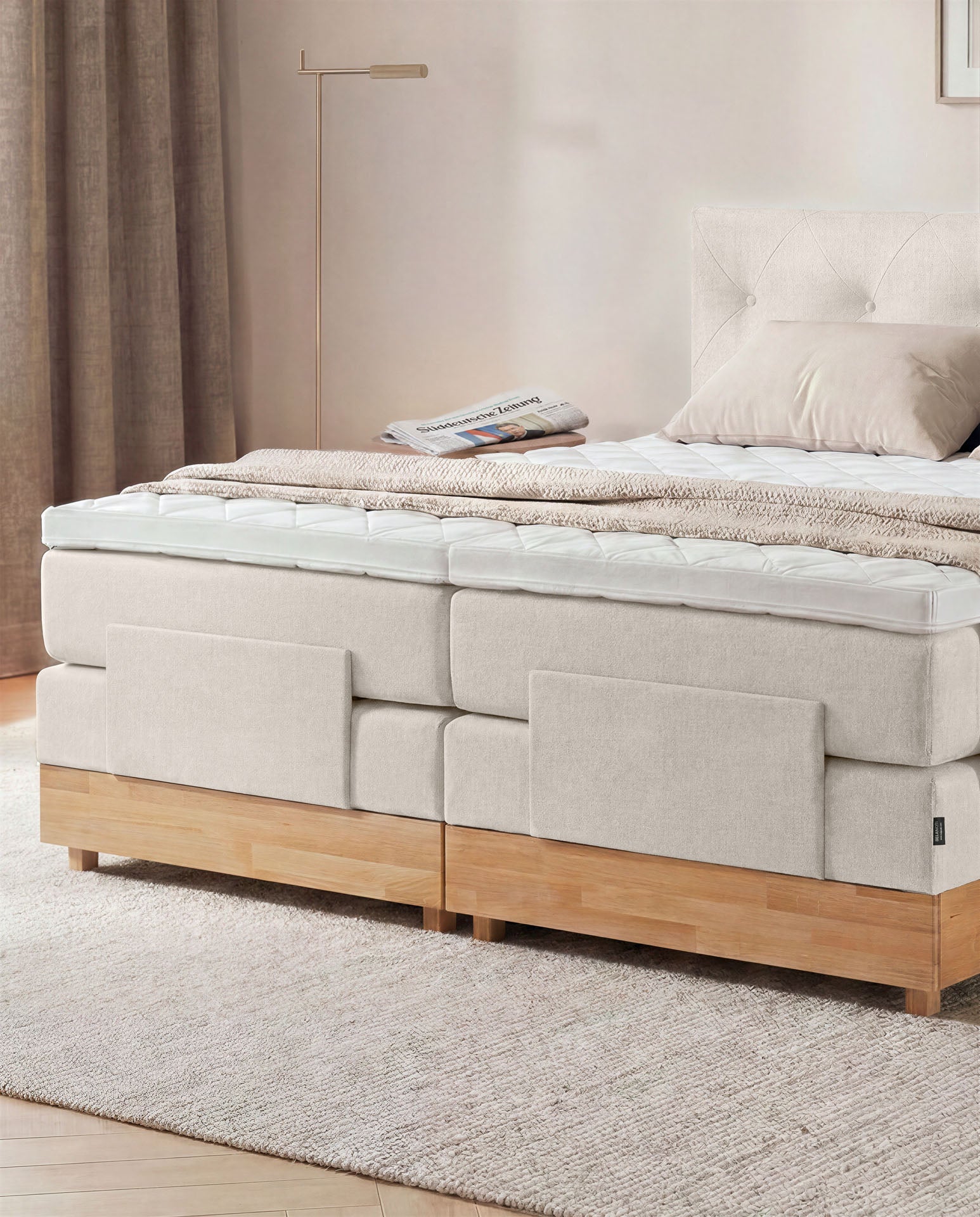 [SKU:3ABI16BEIEVE,3ABI18BEIEVE,3ABI20BEIEVE] Boxspringbett 160x200 180x200 200x200 Beige Bett elektrisch verstellbar Eiche Holz Motorbett Bett mit Motor Polsterbett Doppelbett Bett verstellbar Schlafzimmer