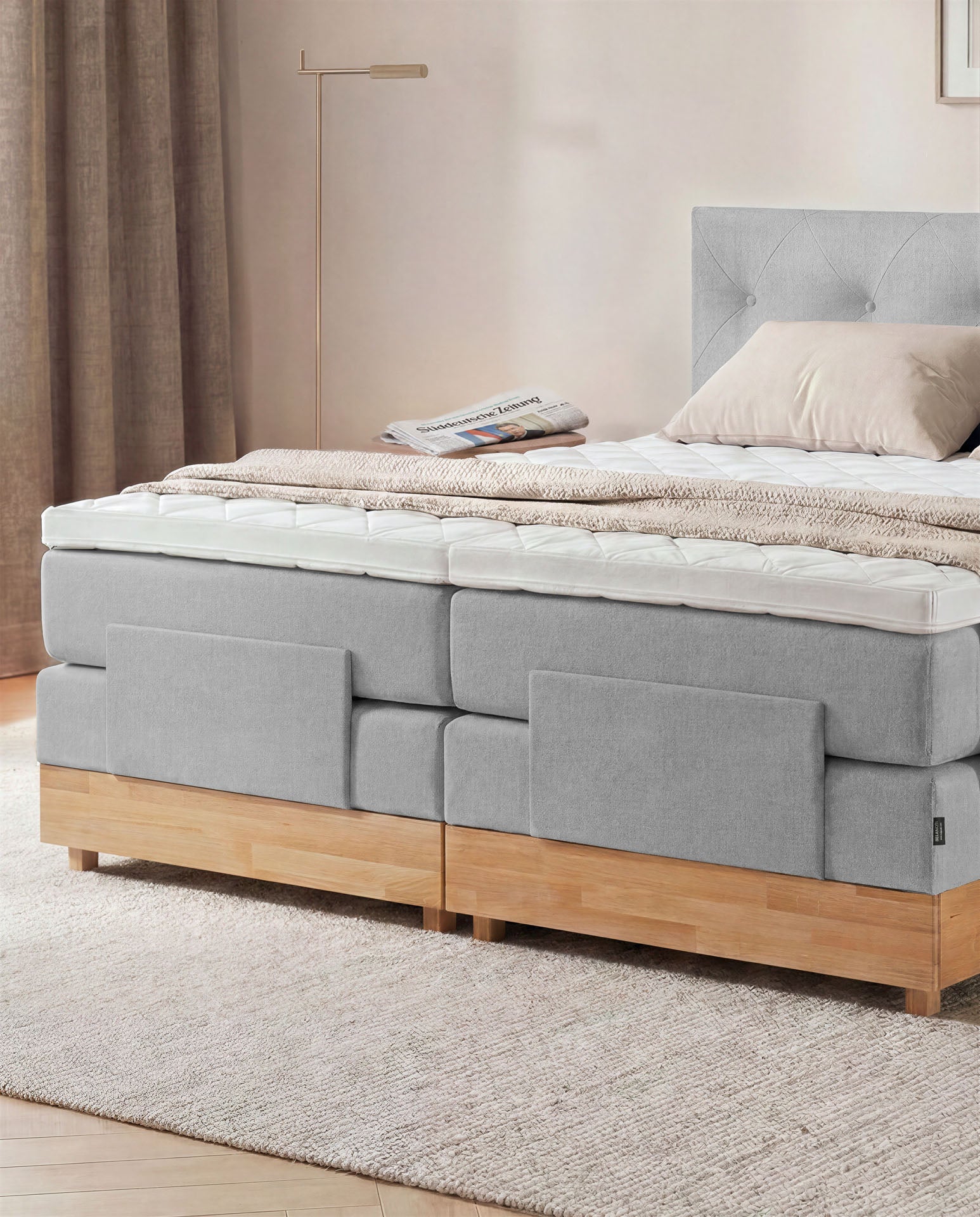 [SKU:3ABI16HGREVE,3ABI18HGREVE,3ABI20HGREVE] Boxspringbett 160x200 180x200 200x200 Hellgrau Bett elektrisch verstellbar Eiche Holz Motorbett Bett mit Motor Polsterbett Doppelbett Bett verstellbar Schlafzimmer