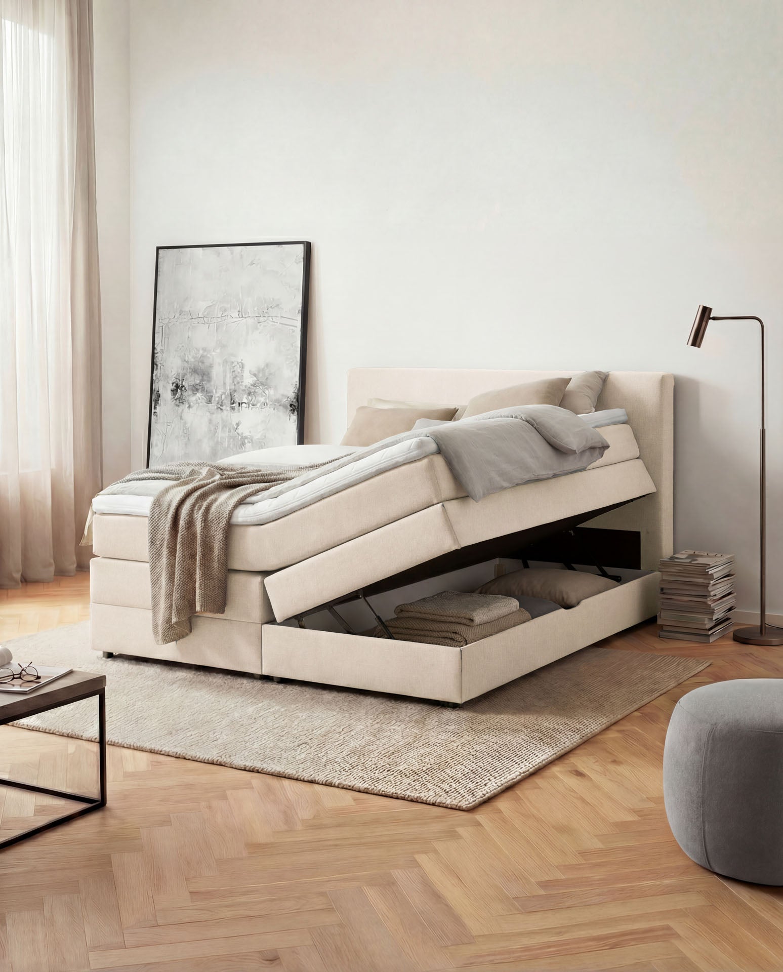 [SKU:LOFT-140-BEI,LOFT-160-BEI,LOFT-180-BEI,LOFT-200-BEI] Boxspringbett 180x200 160x200 Bett Bettkasten Polsterbett Doppelbett Motorbett Bett elektrisch verstellbar Bett mit Motor